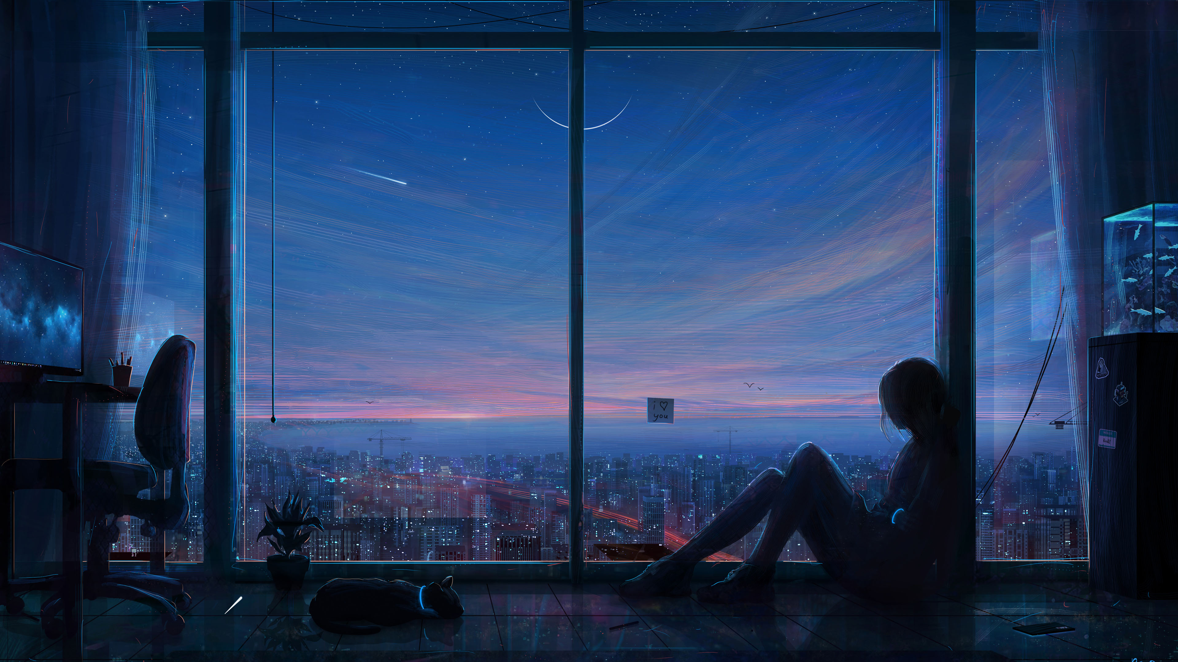 傍晚,夜幕降临,落地窗,湖南的房间