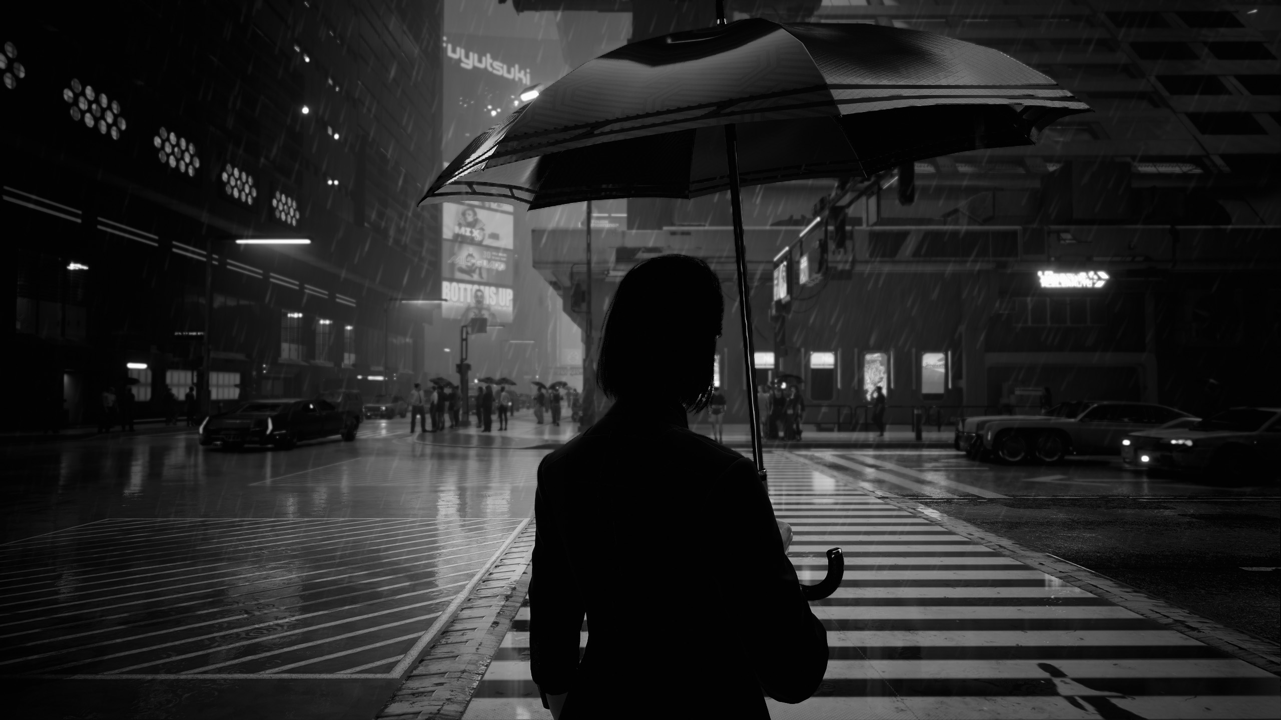 深夜,城市,街道,雨伞,下雨,斑马线