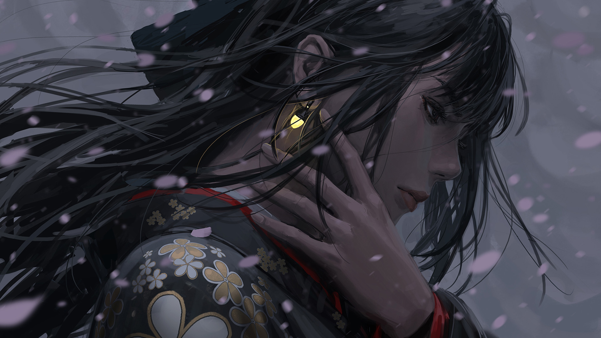 樱花飞舞,长发飘飘,发光的耳环