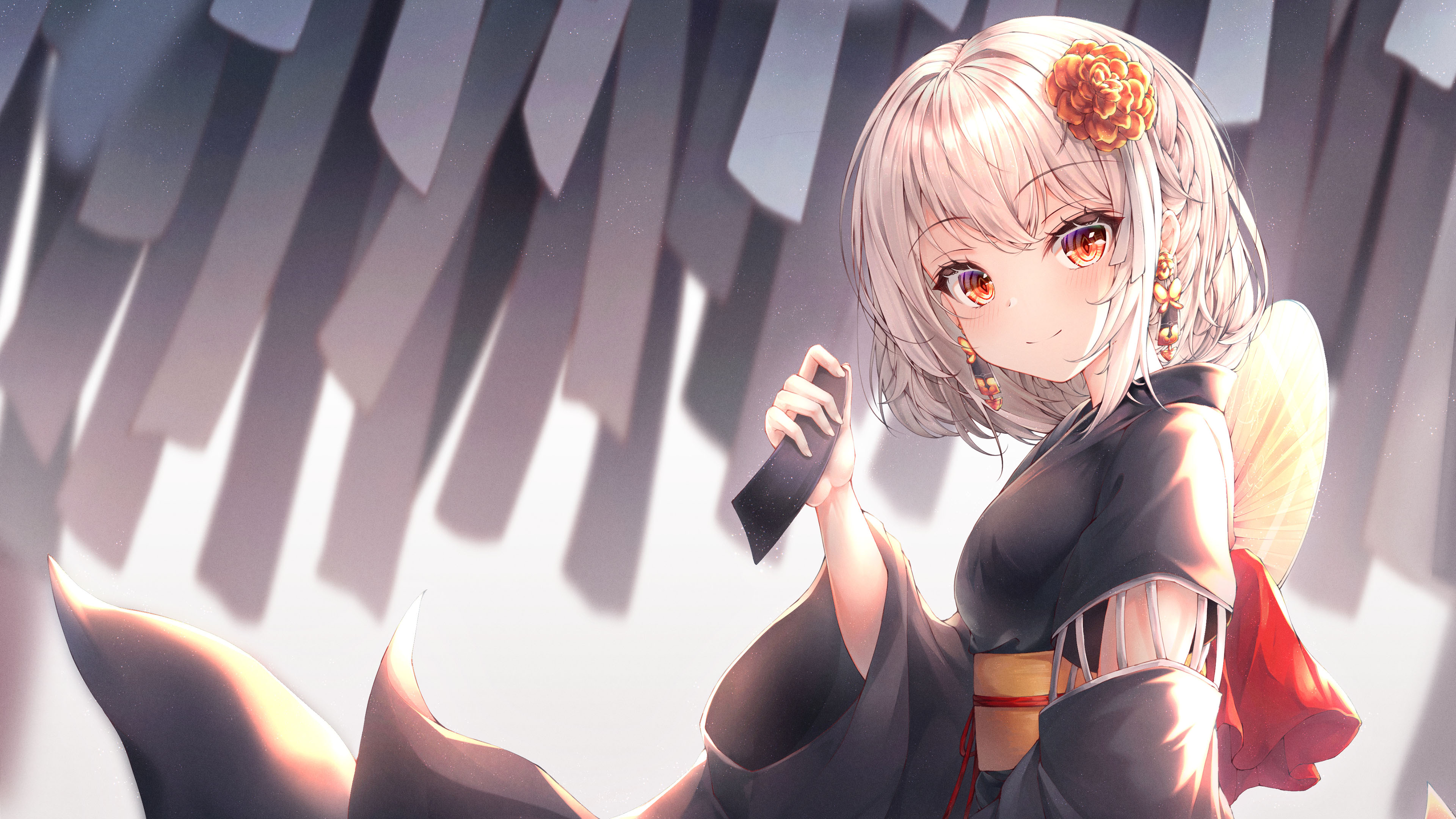 白发女孩,花朵,大眼睛