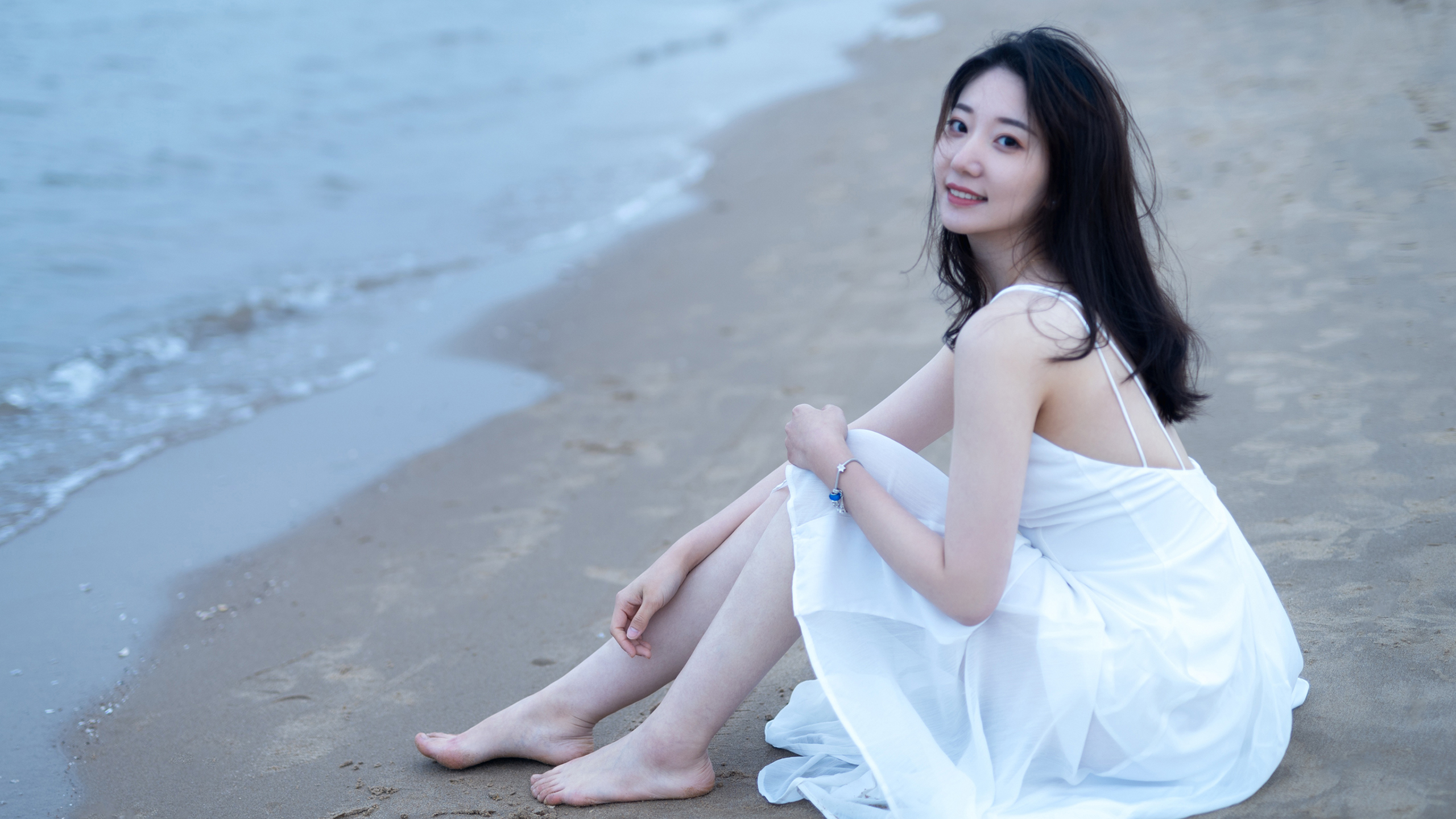 清纯,海滩,长发女孩,微笑