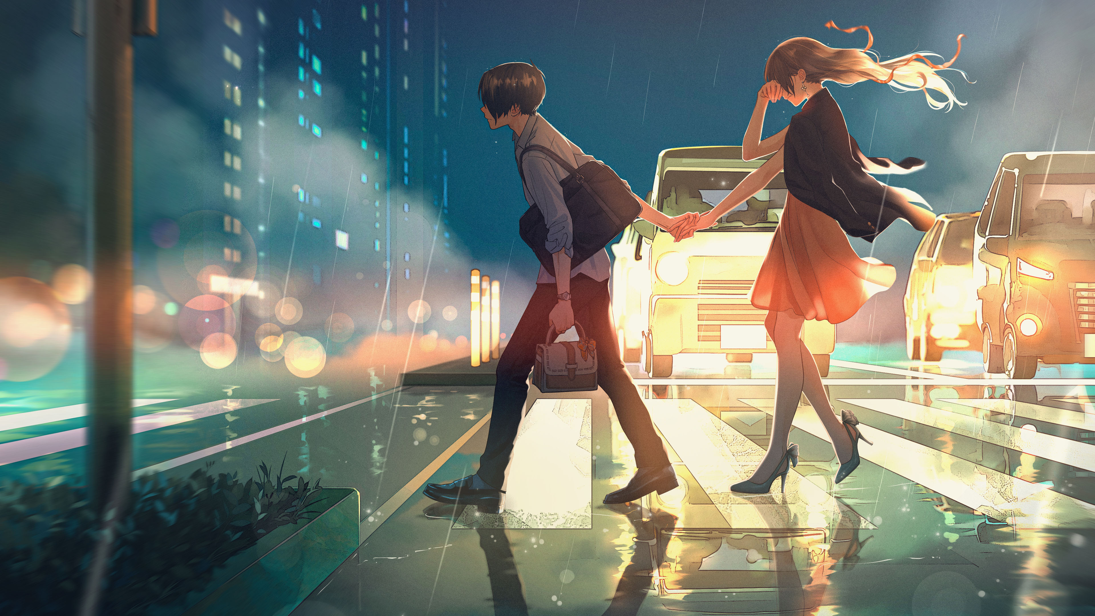 深夜,城市,街道,斑马线,情侣