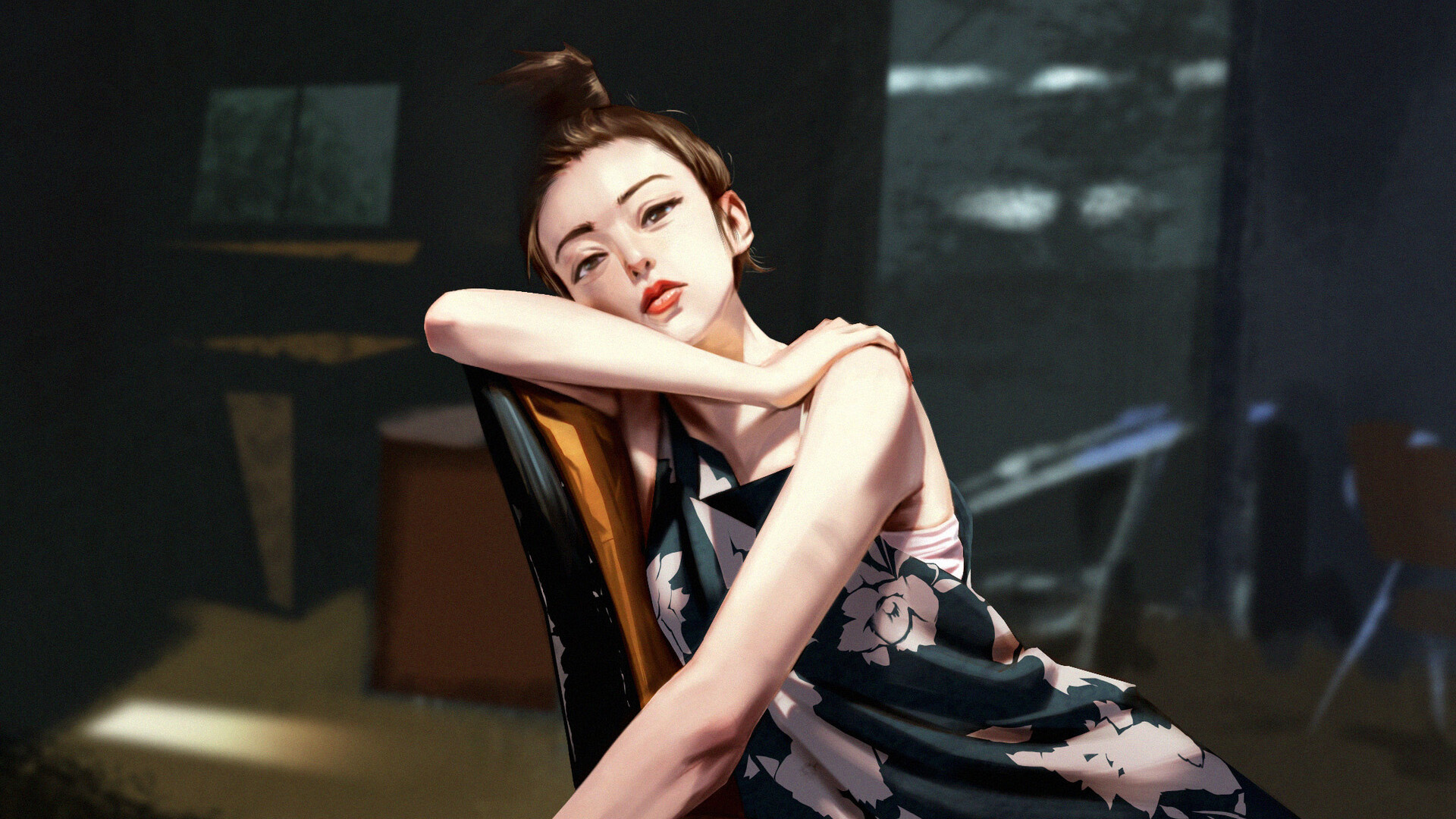 女孩,丸子头,椅子,阳光