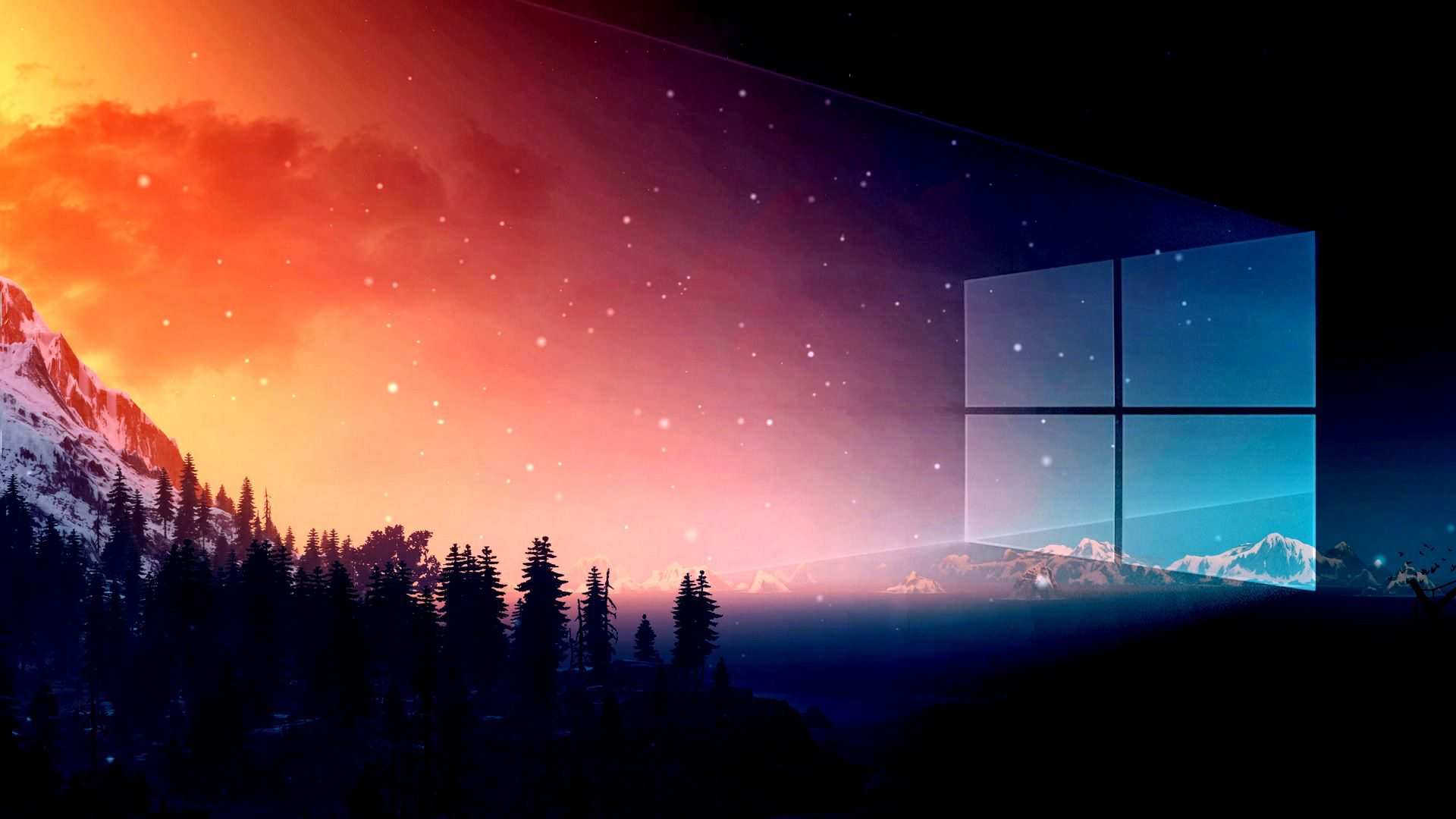 晚霞,星空,视窗,树林,雪山