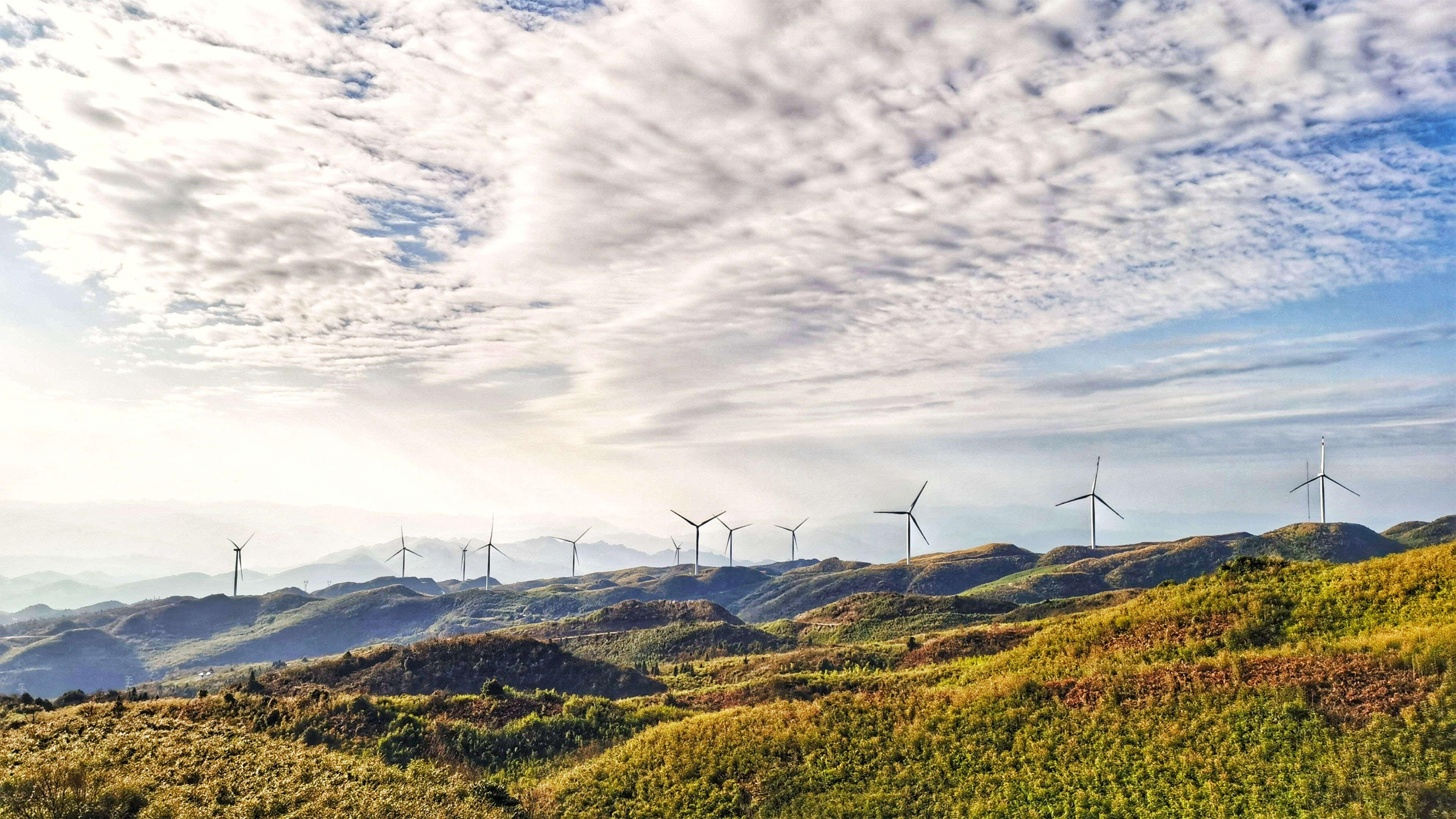 风车,云朵,航拍,高原