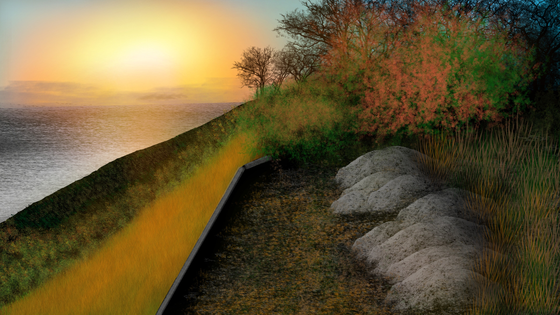 秋意正浓,河畔,,草地,夕阳