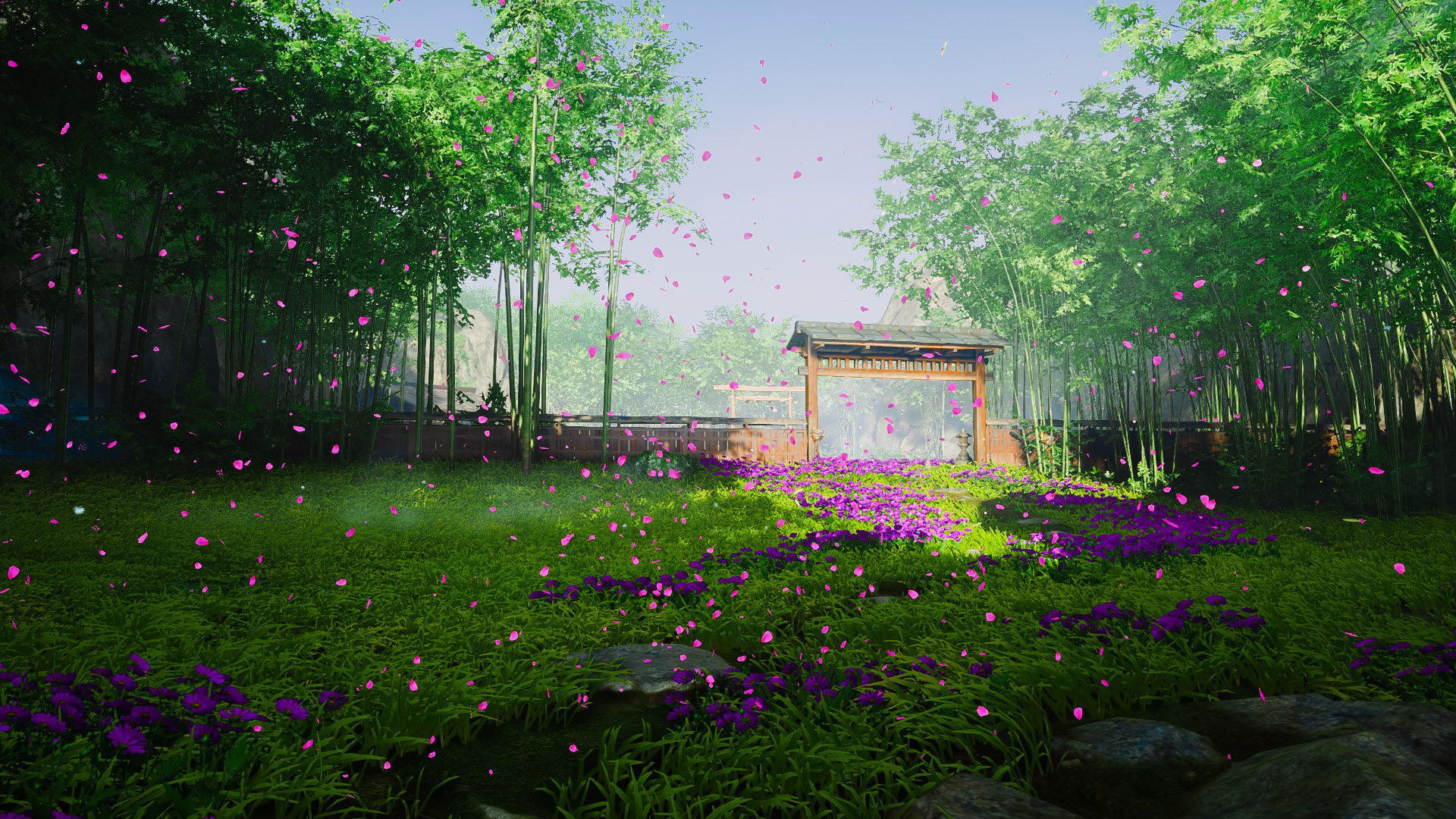 竹林,花瓣飞舞,草地