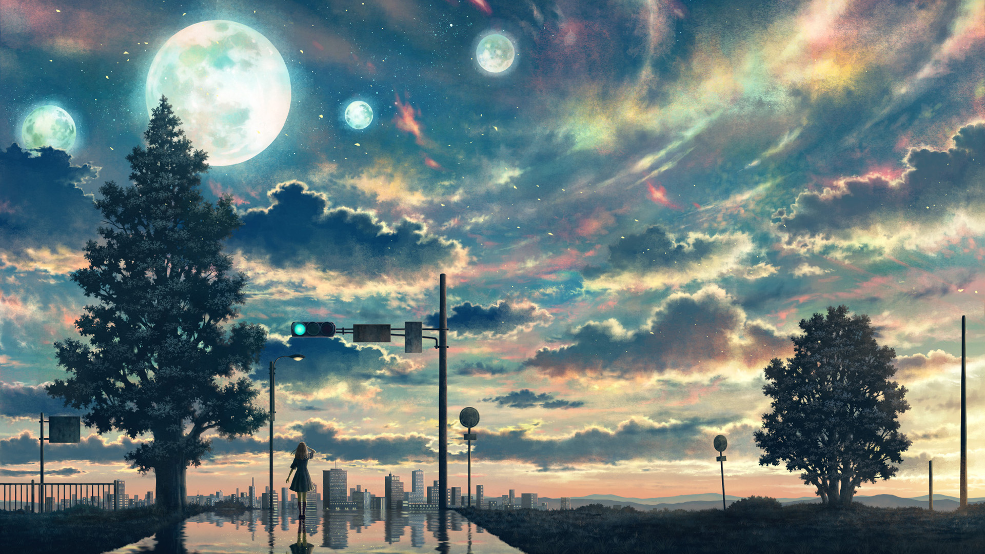 梦幻,晚霞,月空,红绿灯