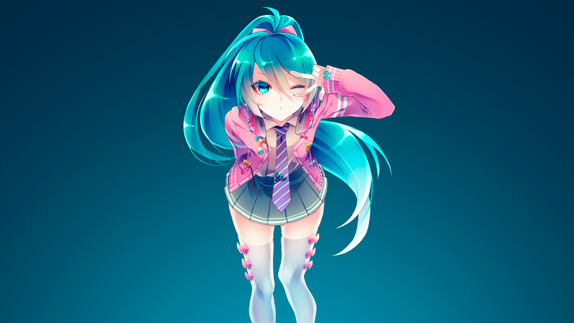 可爱女孩,蓝色长发,剪刀手