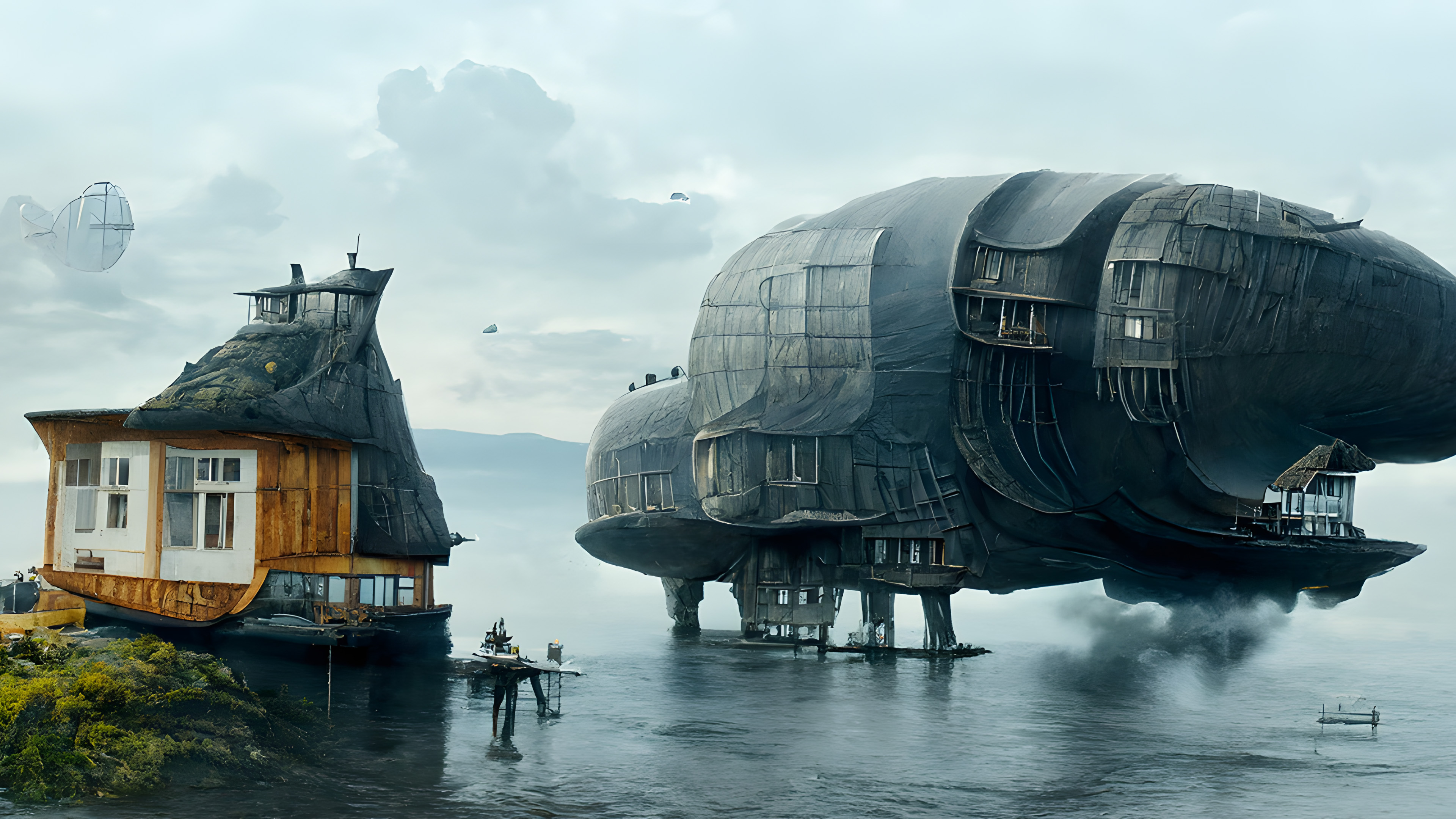 海边小屋,飞艇,迷雾