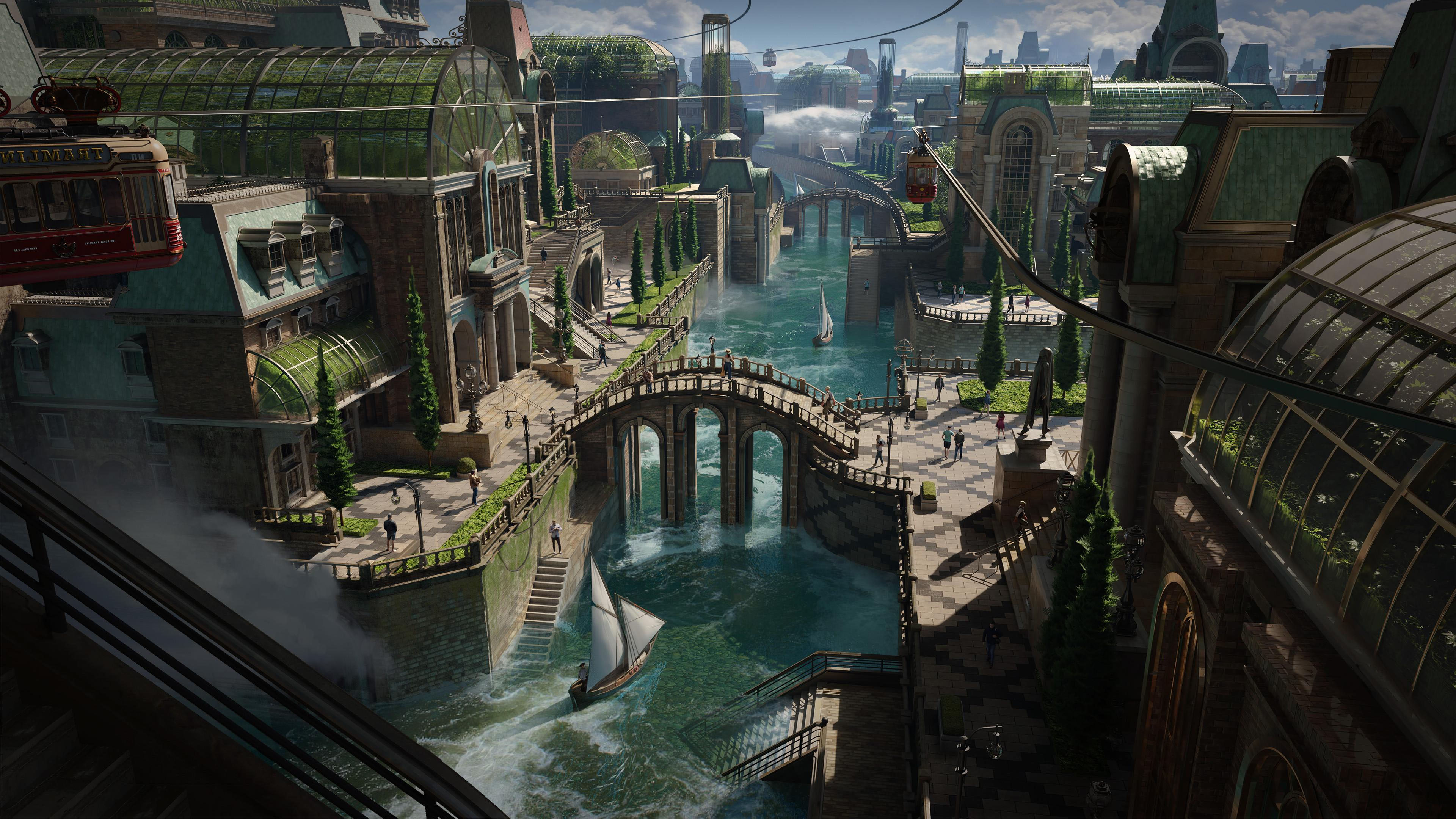 城市,缆车,拱桥,帆船,河流