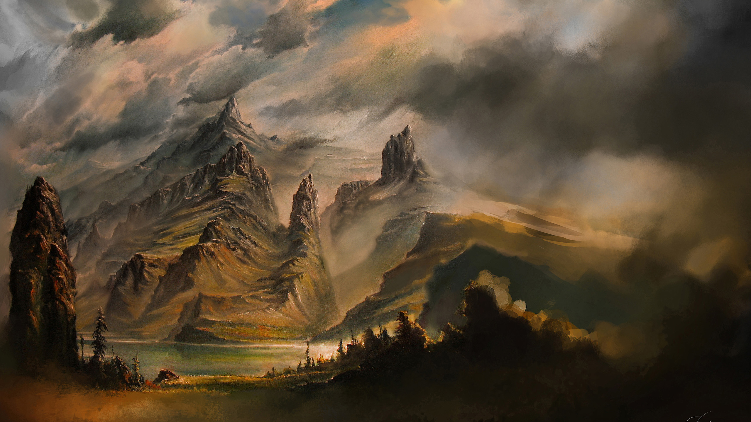 山峰,乌云,树林,山谷