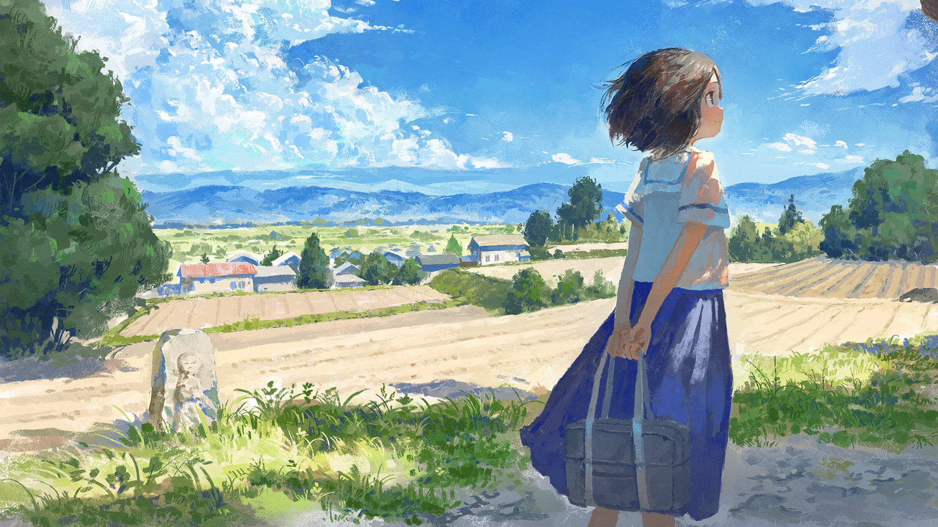 书包,郊外,夏天,短发女孩