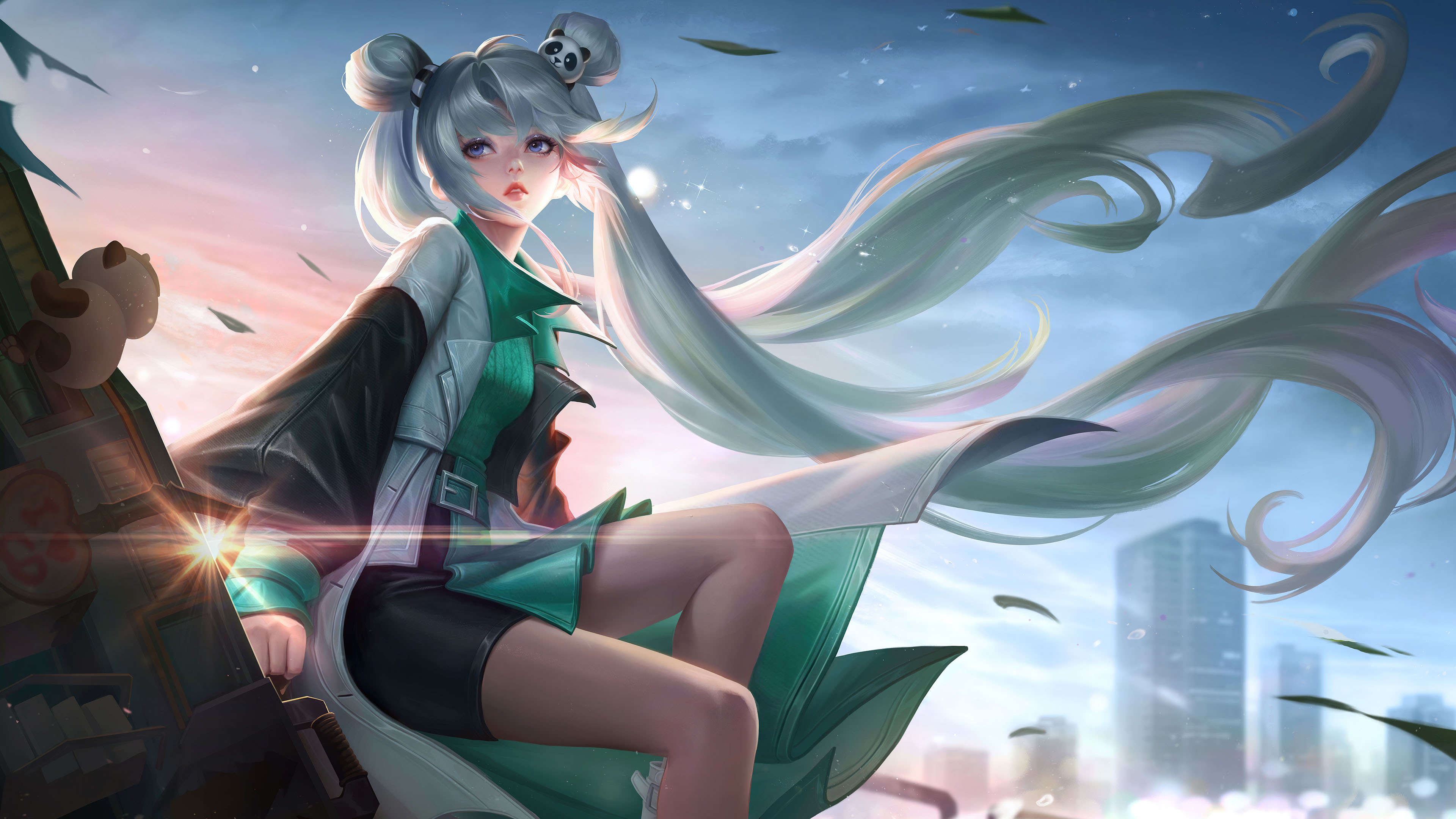 熊猫,白色长发,大风吹