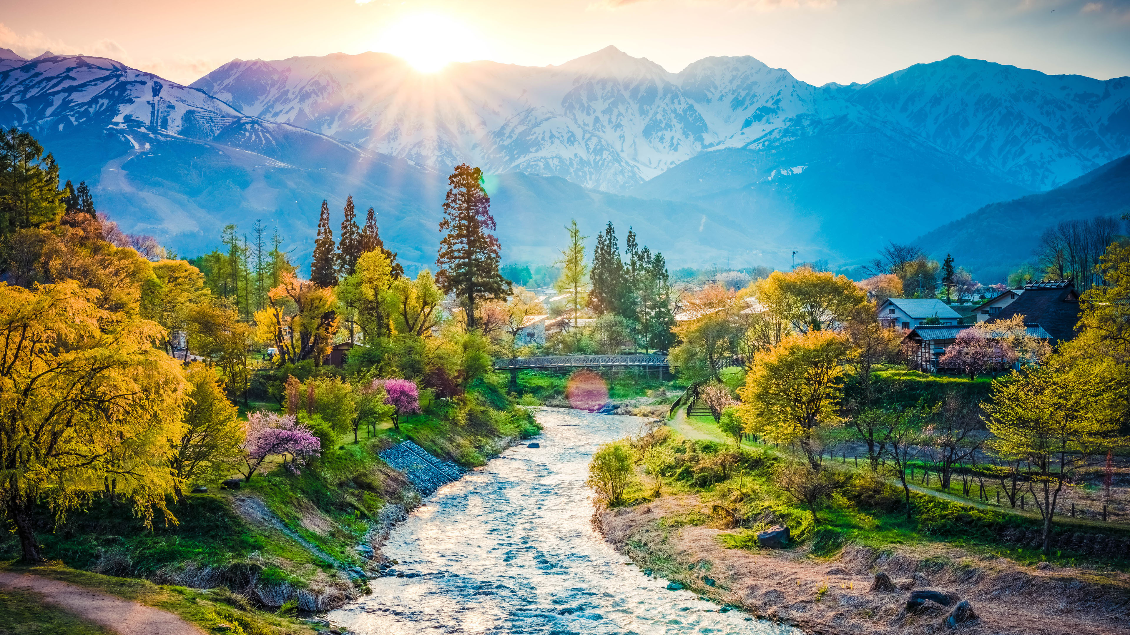 雪山,小溪,乡村,美丽