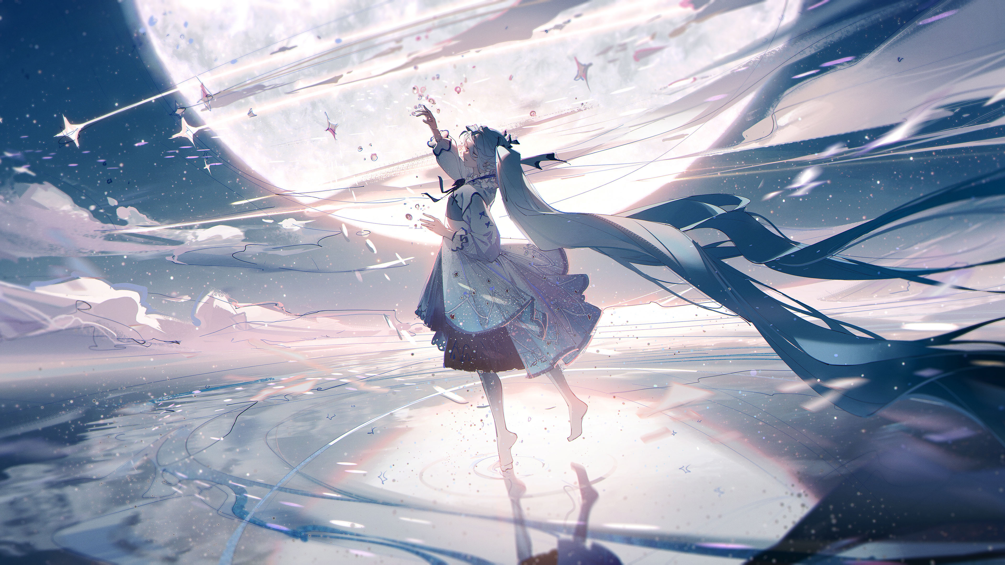 圆月亮,初音,长发女孩,流星