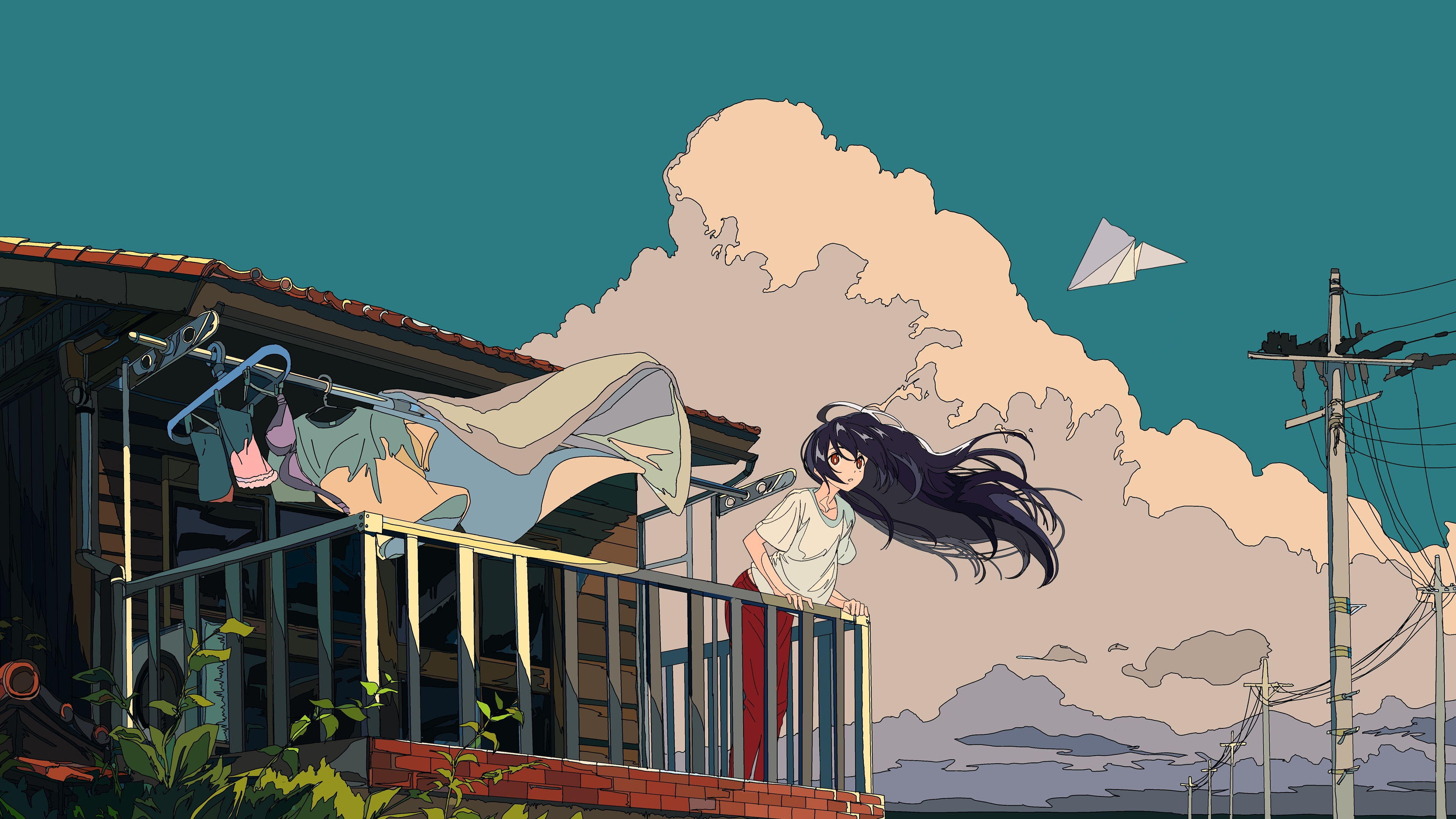 阳台,晾衣服,电线杆,长发飘飘