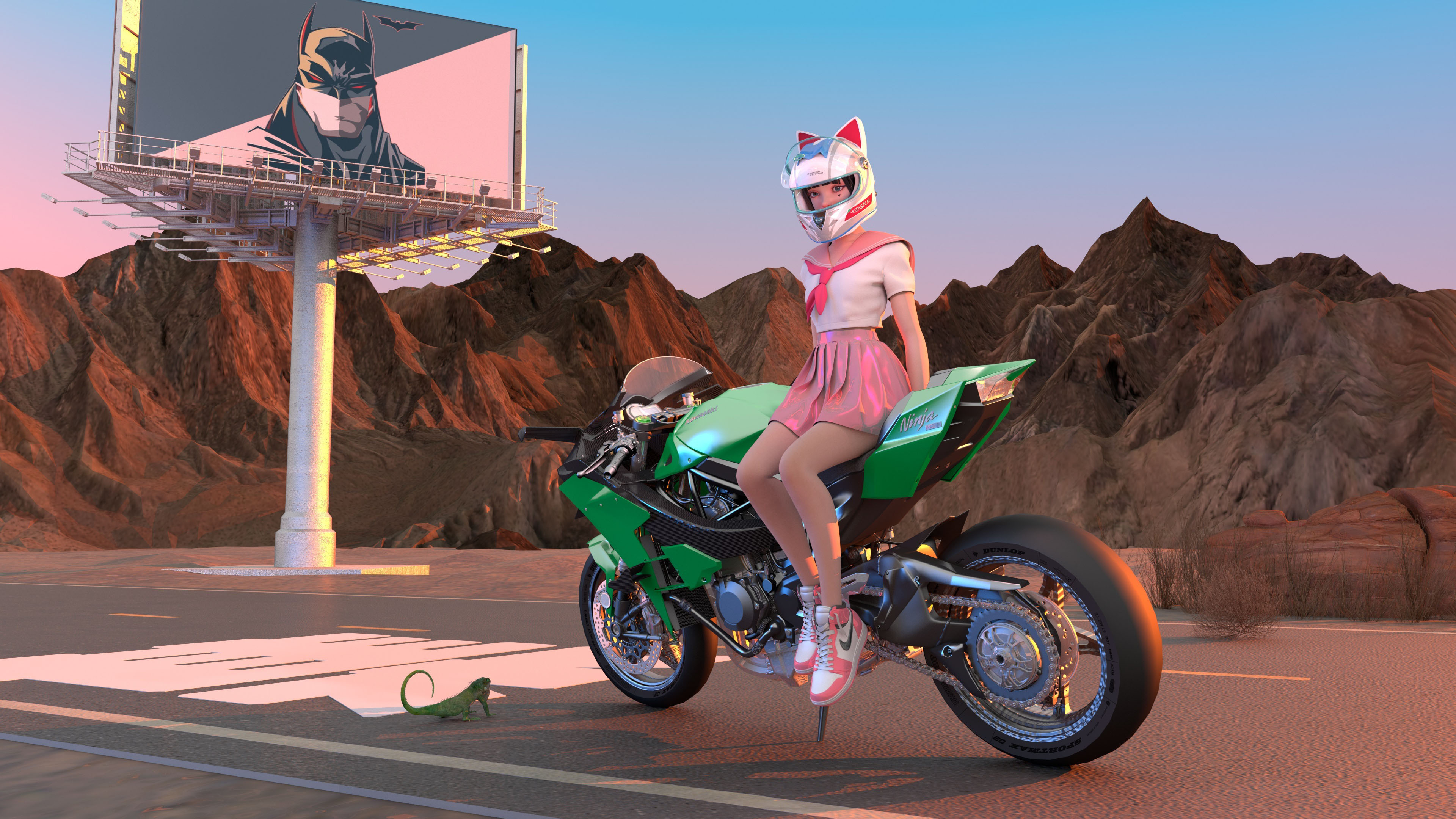 集原美,百褶裙,绿色摩托车,帽子