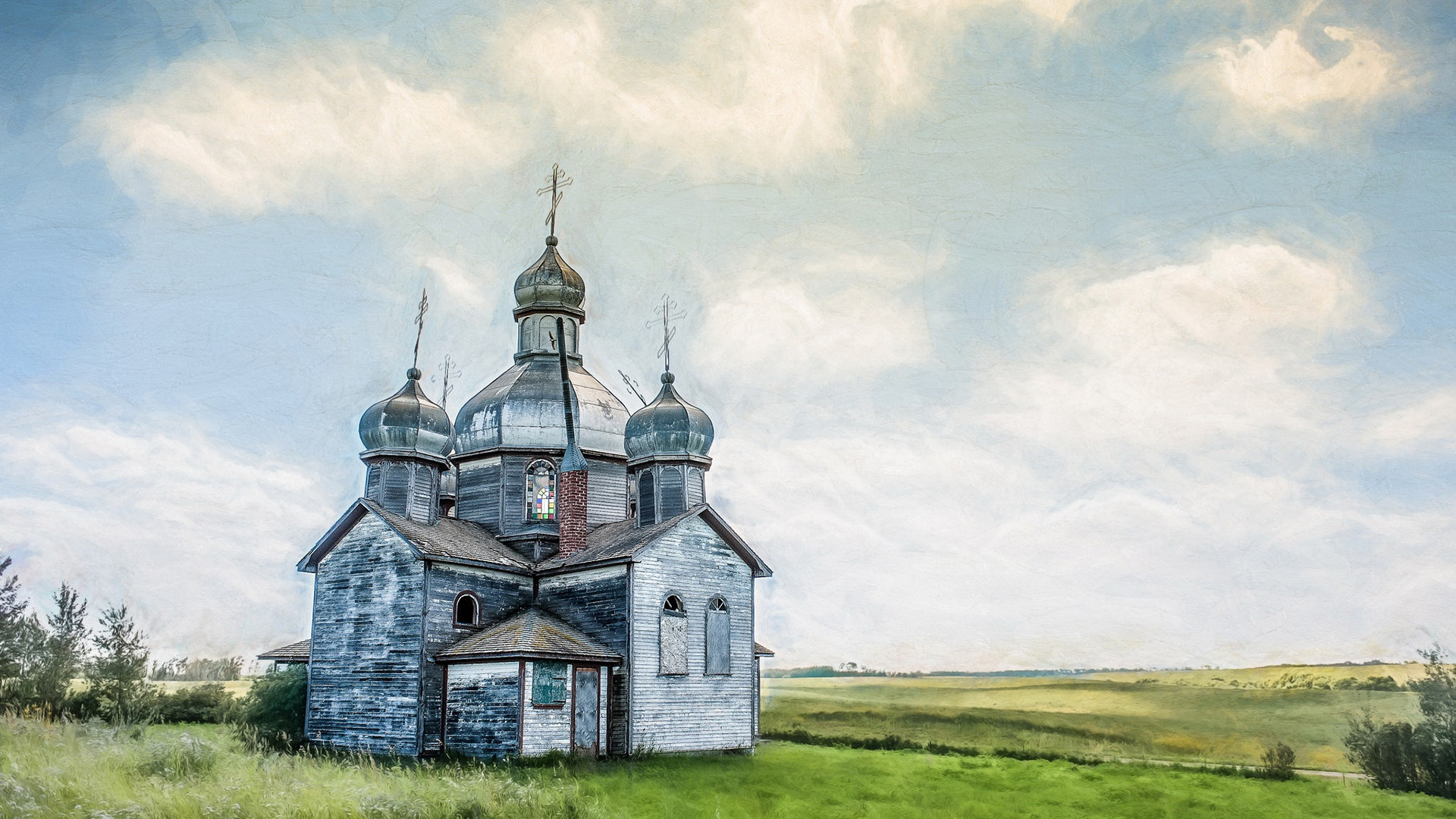 城堡,教堂,草地,平原