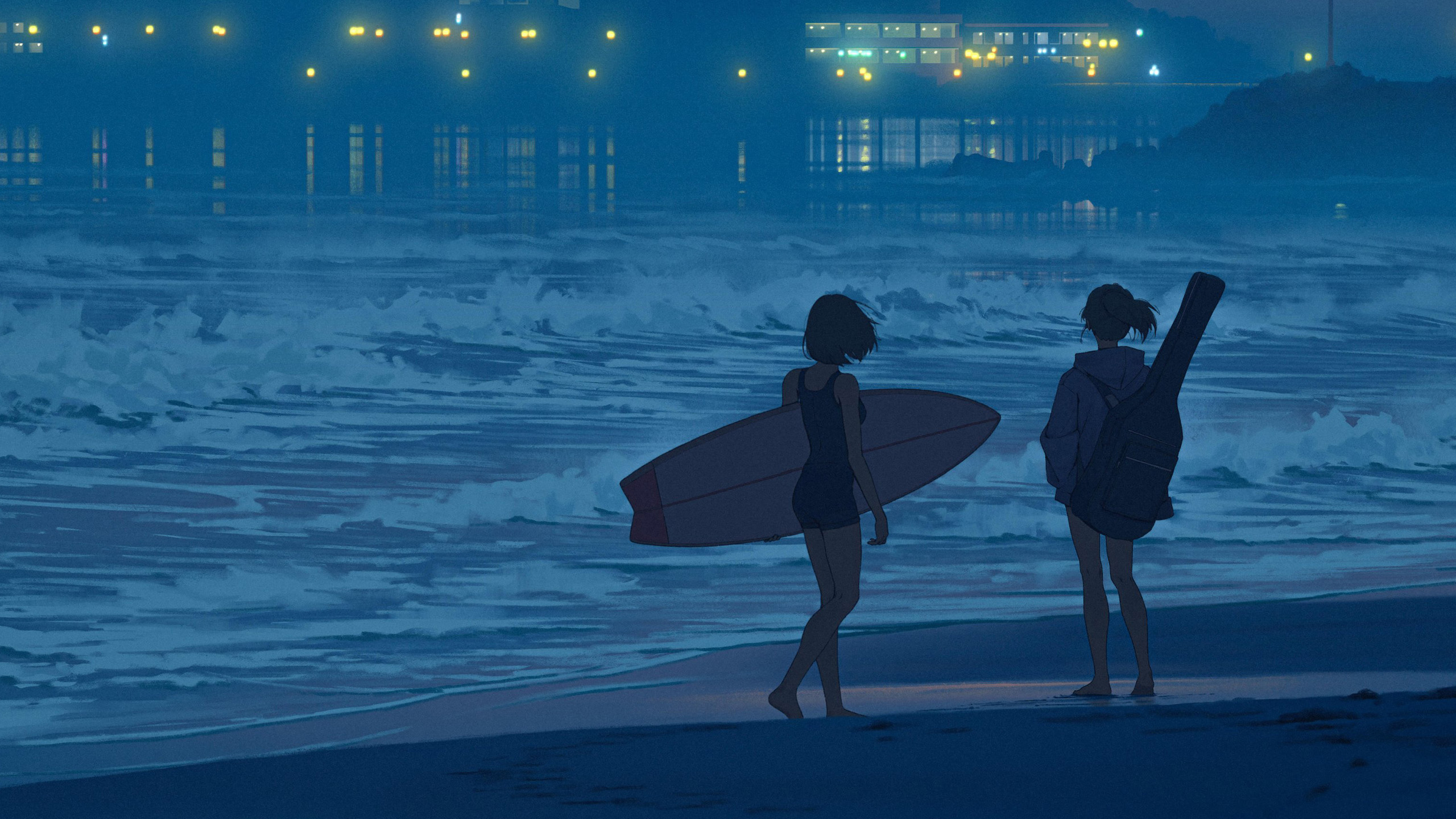 傍晚,海边,海浪,两个女孩,冲浪板,吉他