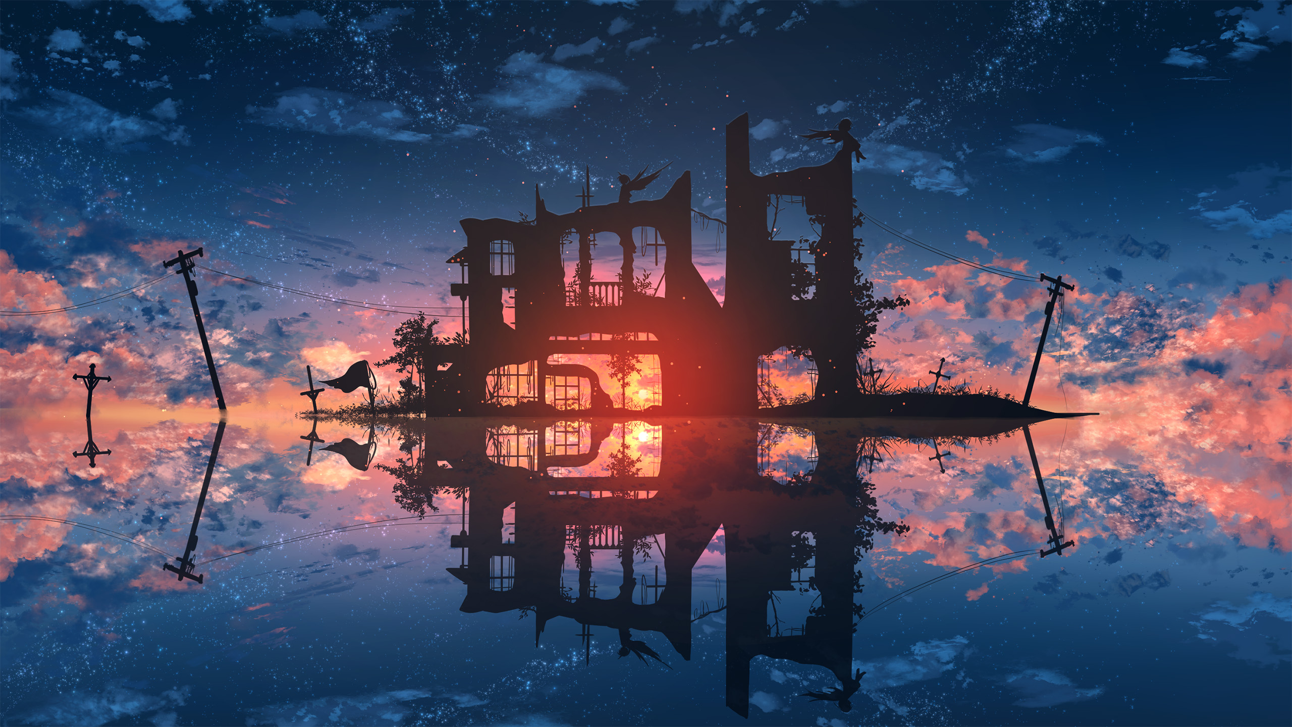 倒影,夕阳,电线杆,晚霞,残破