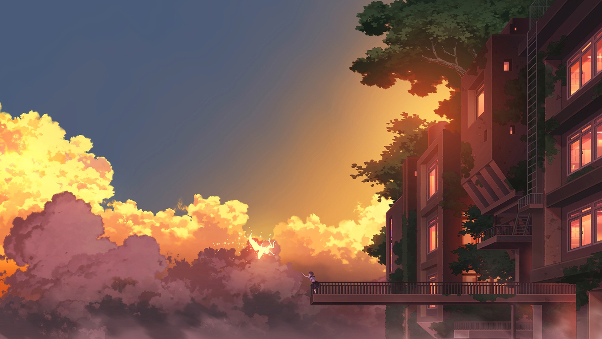 精灵,云彩,高楼,晚霞