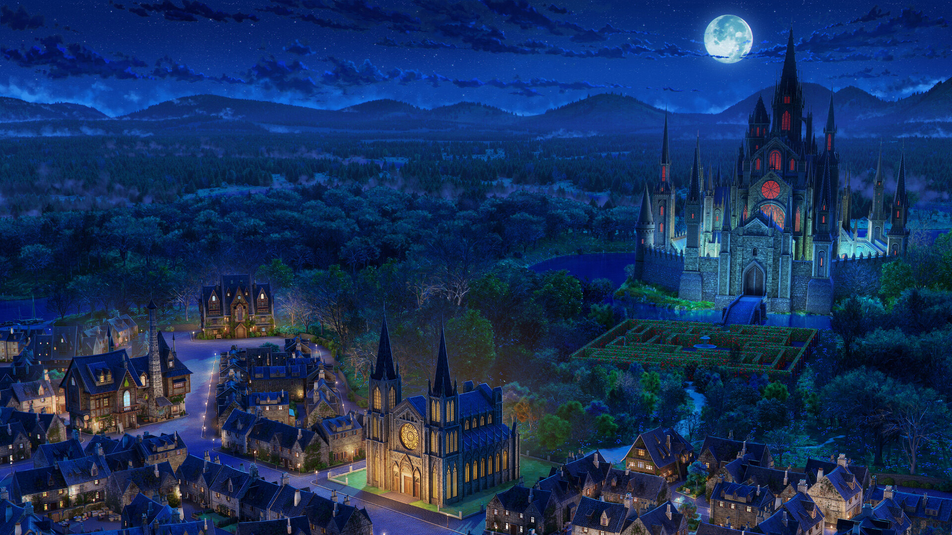 城堡,圆月,月夜,童话