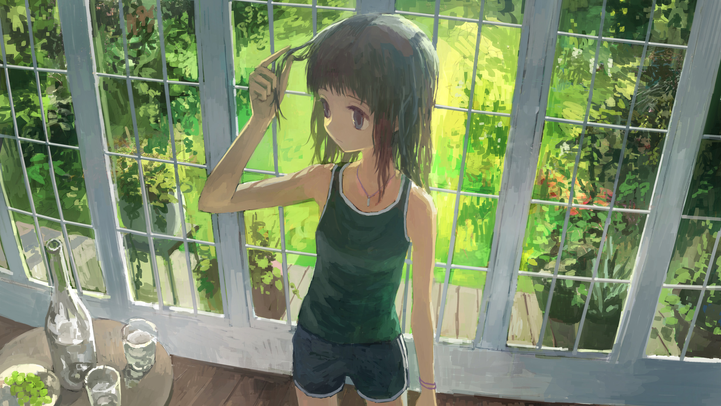 小女孩,落地窗,花园,酒瓶