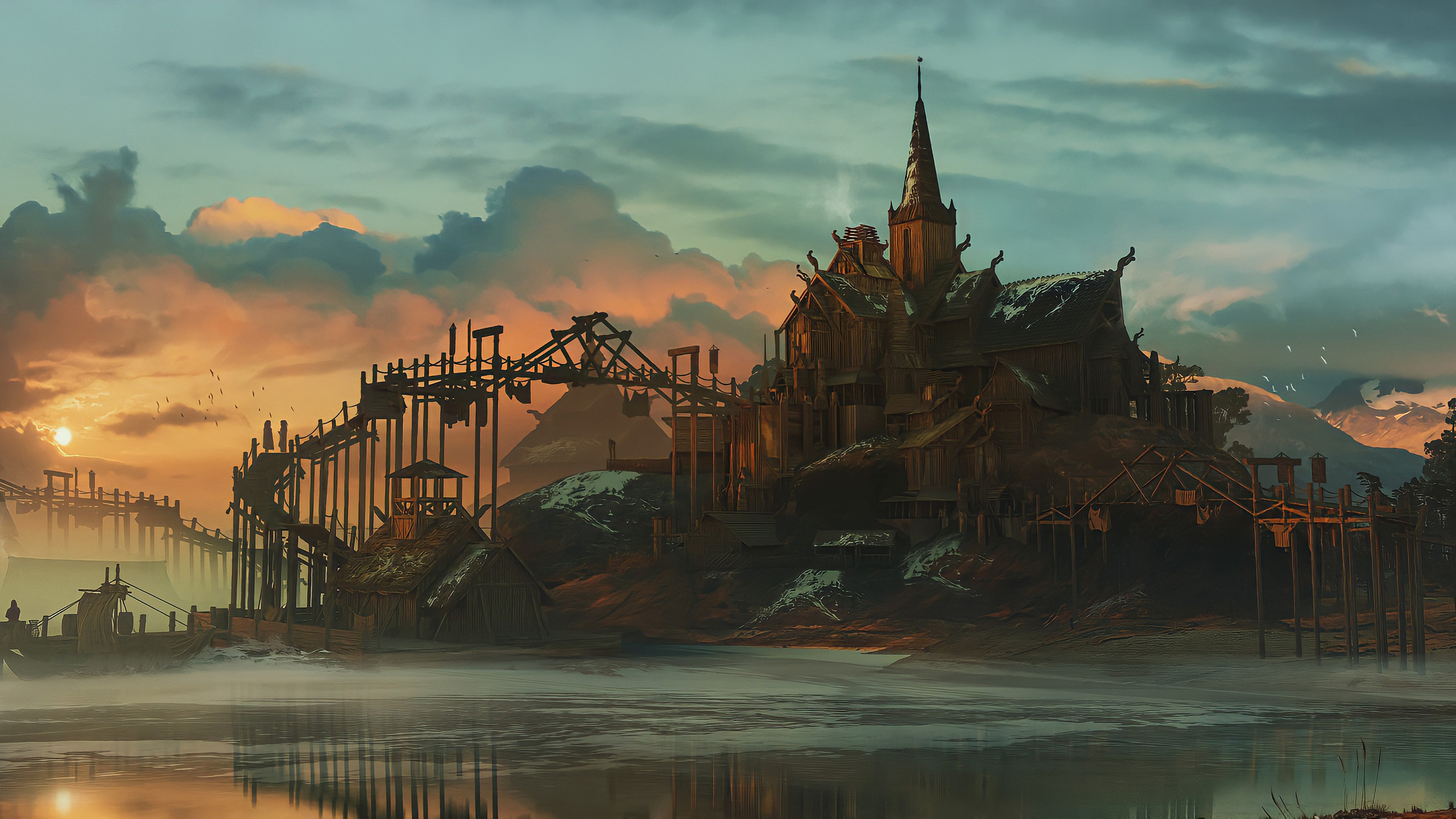 废墟,落日,城堡,云层