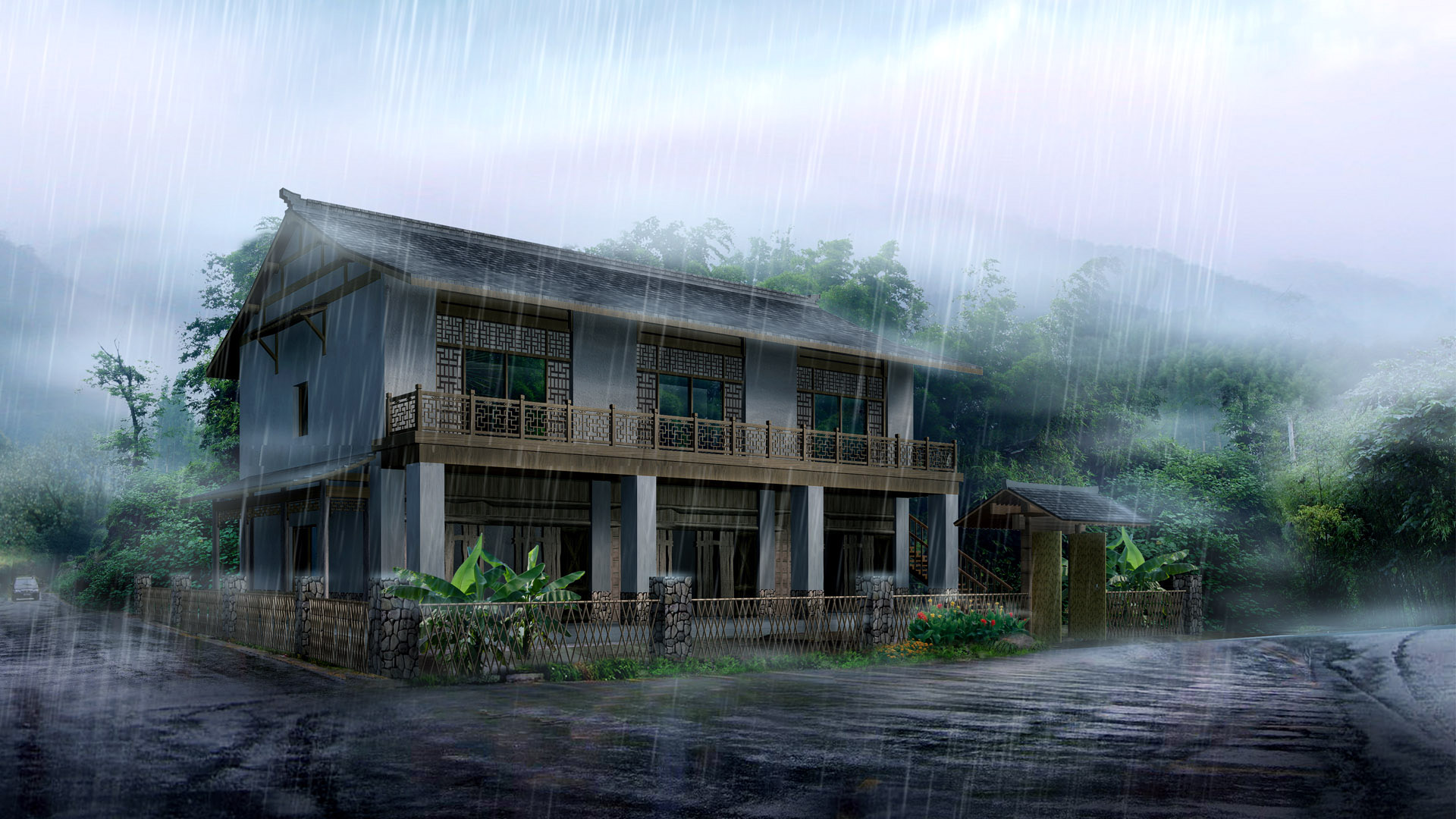 楼房,大雨倾盆,校园,郊外