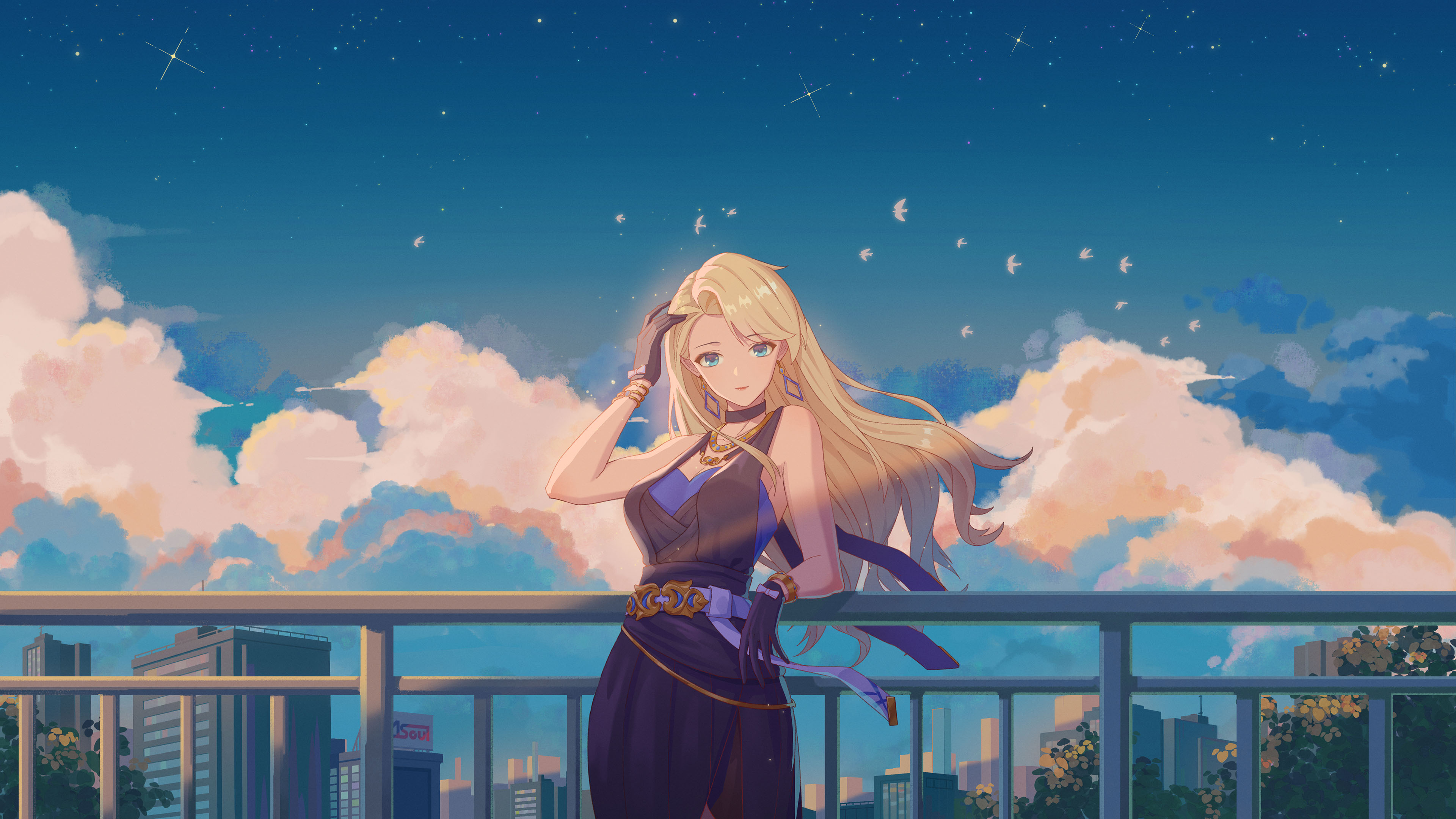 长发女孩,护栏,白云