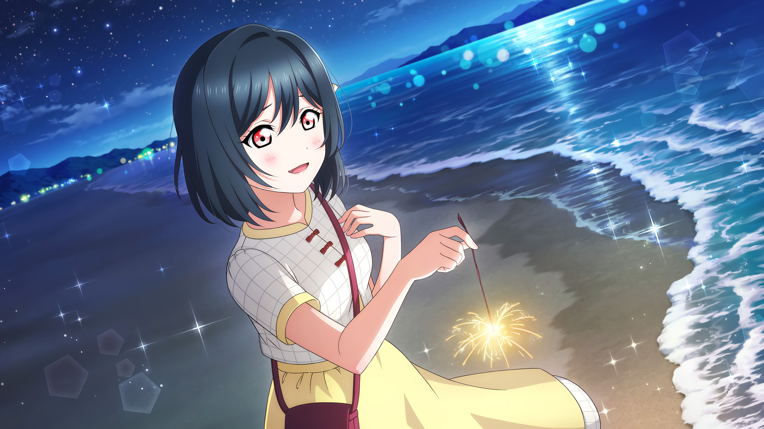 海浪,烟火,短发女孩