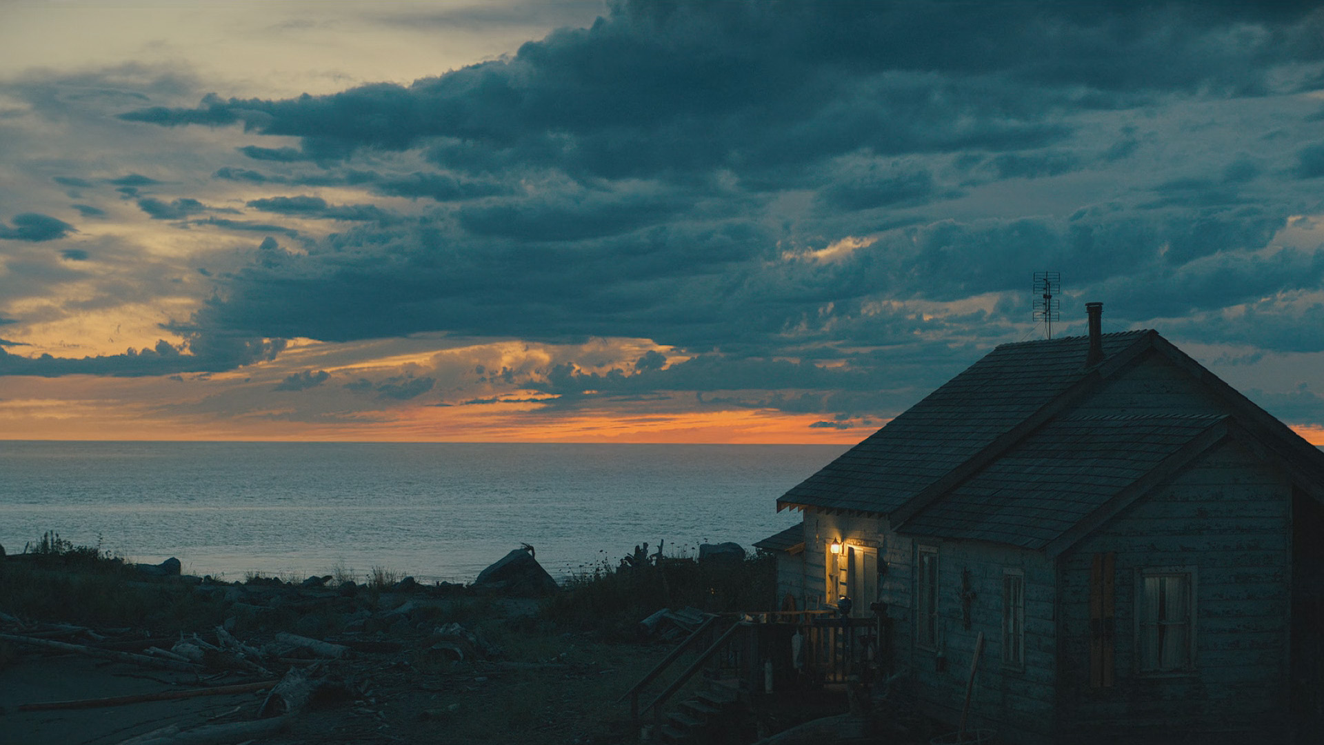 落日余晖,晚霞,小木屋,海岸