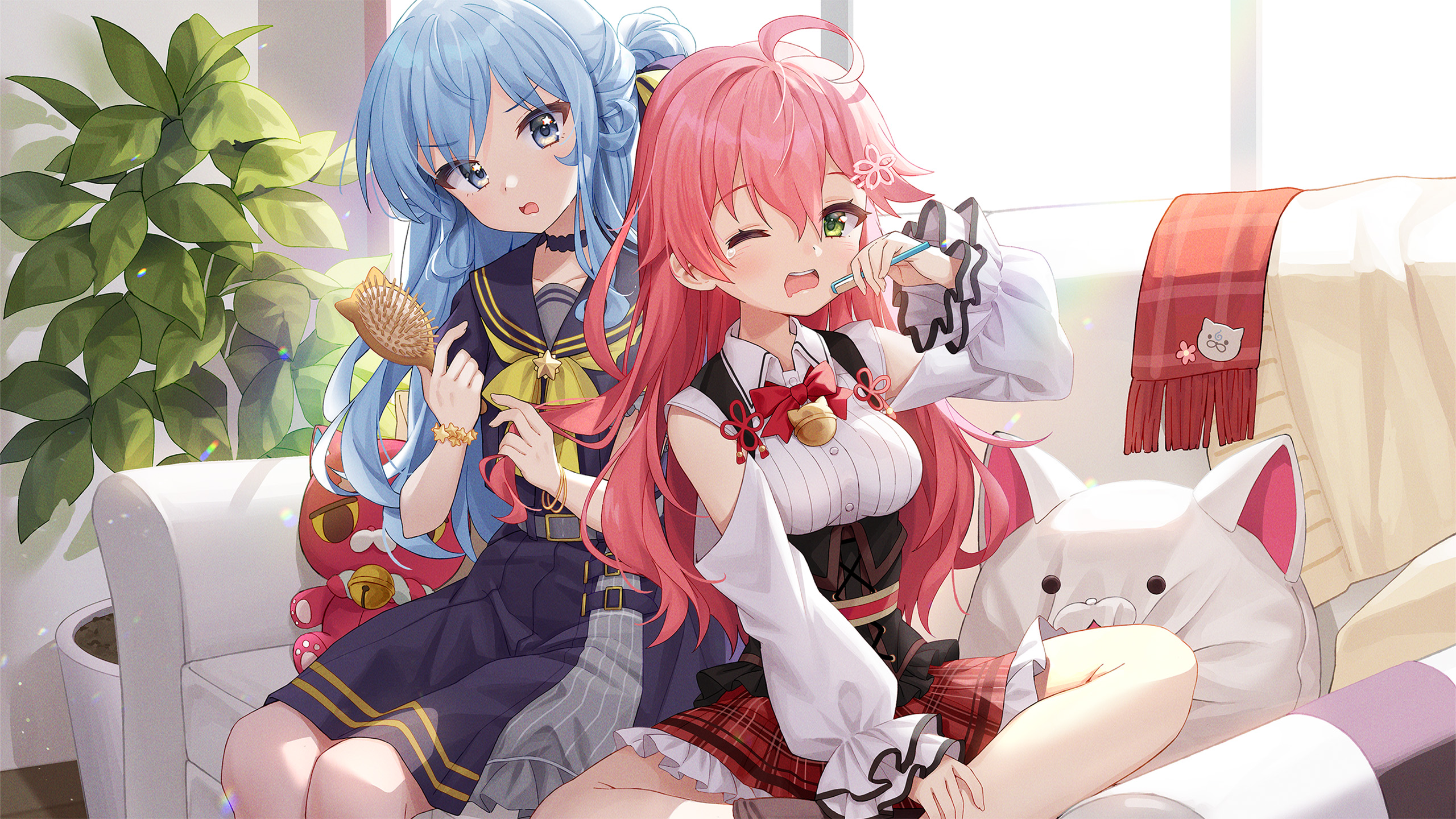 姐妹,可爱,梳子,靠枕