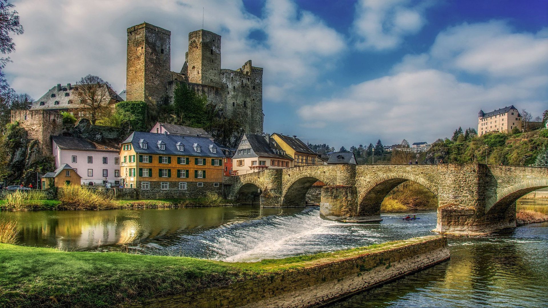 油画,建筑,河流,古镇