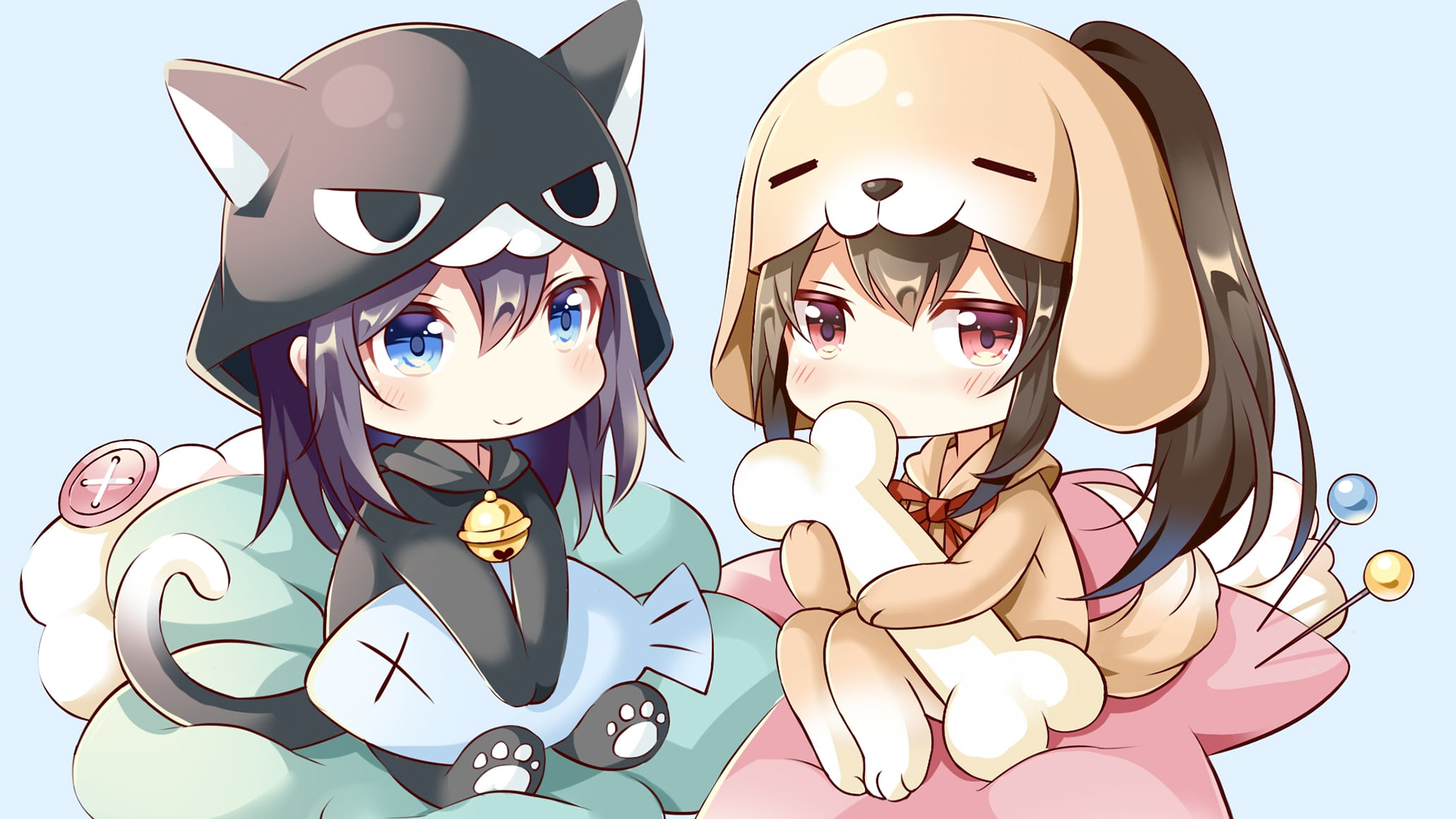 猫猫狗狗,骨头,鱼,卡哇伊,姐妹