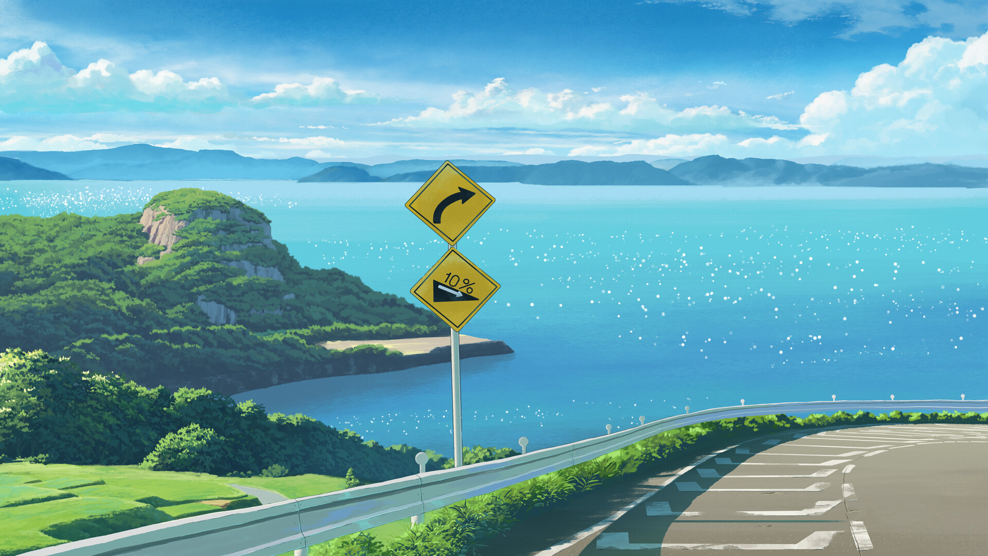 海边公路,大海,白云,海天相接,交通标识