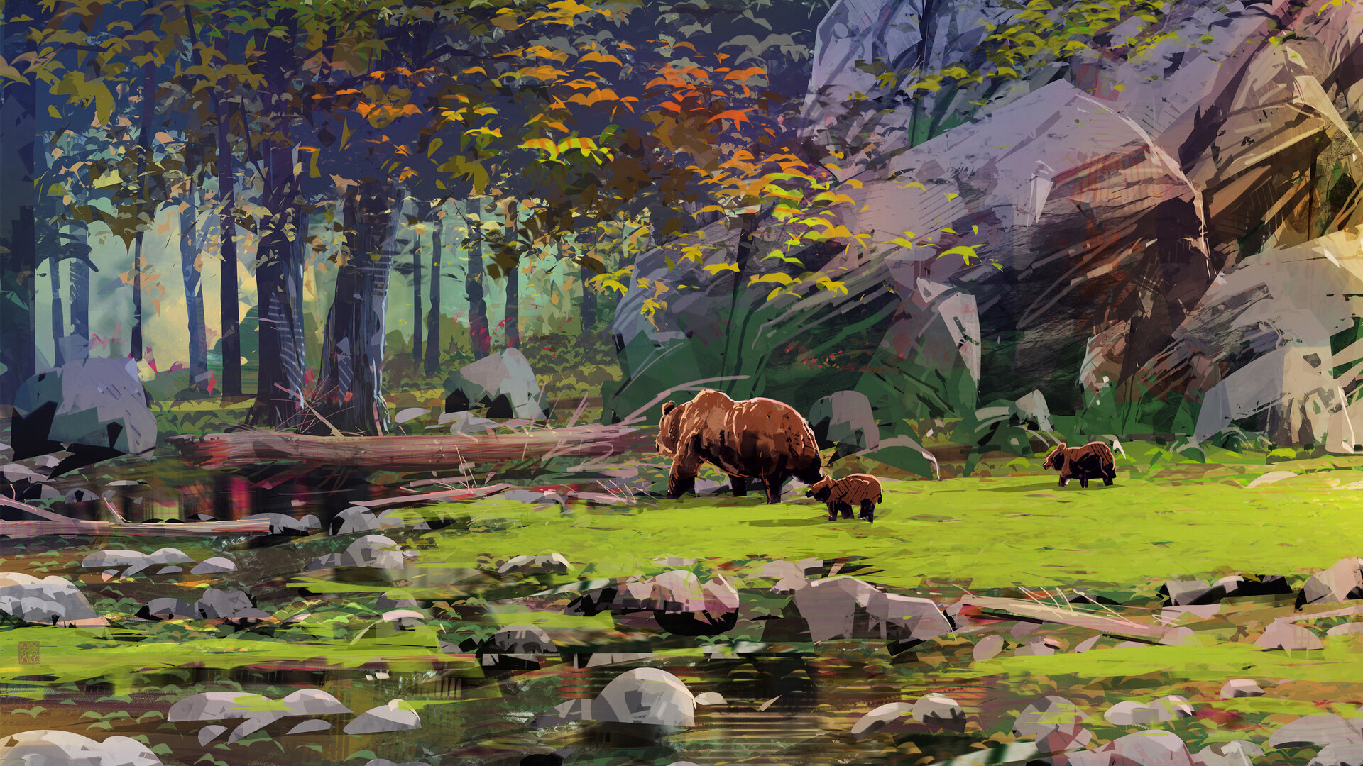 森林,熊宝宝,小溪,石头