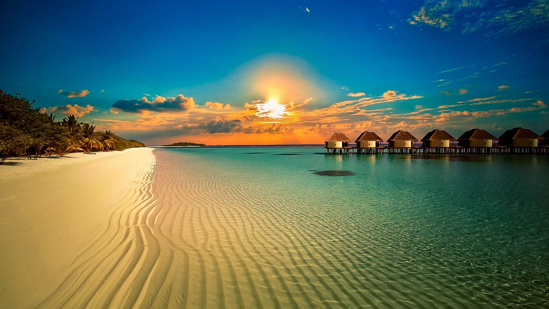 海洋天堂,沙滩,度假,海上木屋,蓝天