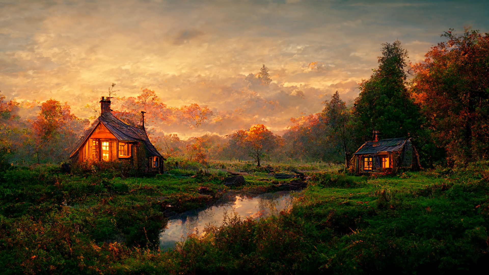 油画,消息,黄昏,小木屋,郊外