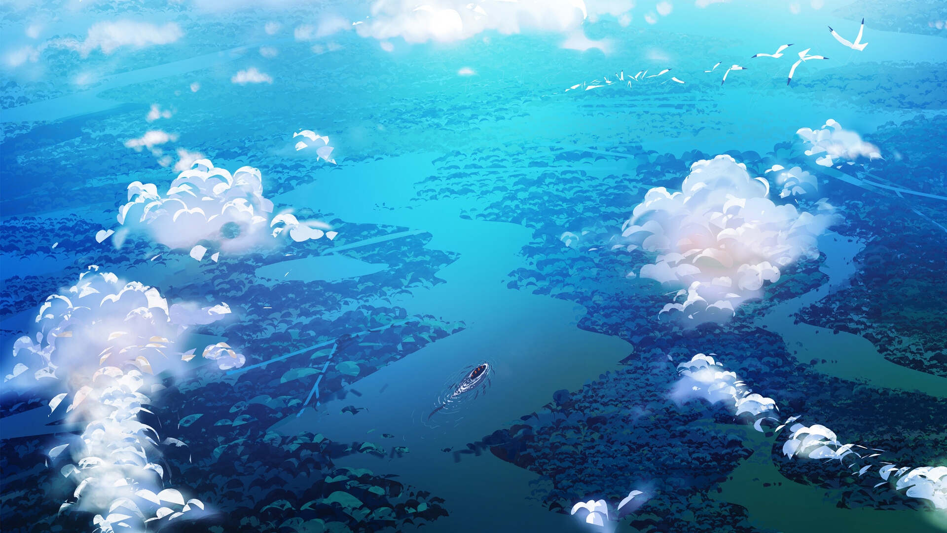 云朵,海鸥,游艇