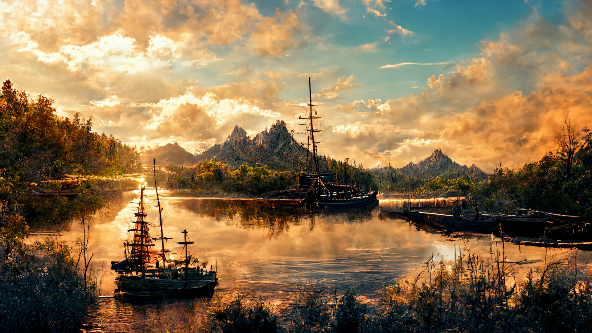 油画,黄昏,帆船,晚霞