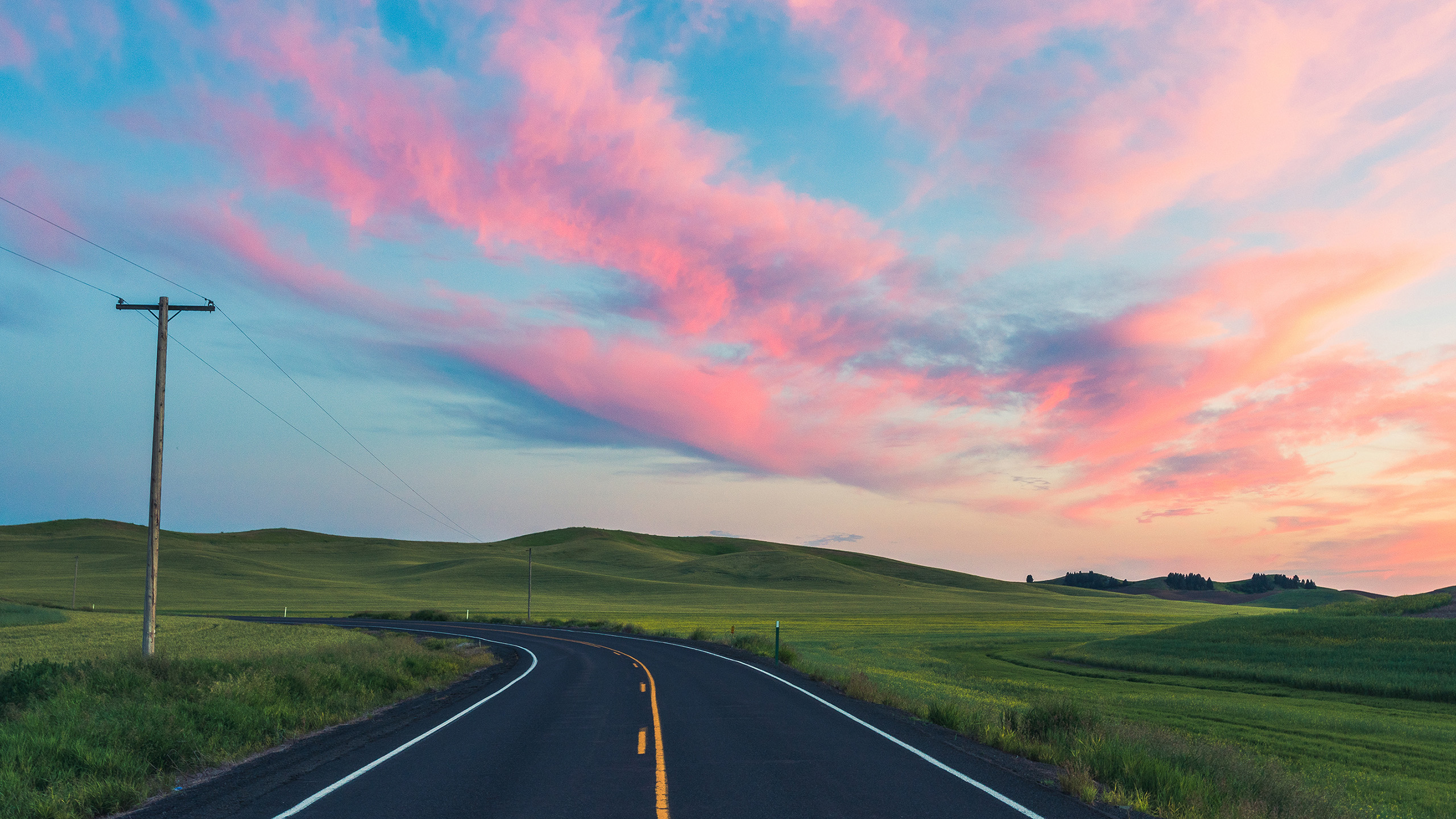 落日余晖,公路,电线,草原,晚霞