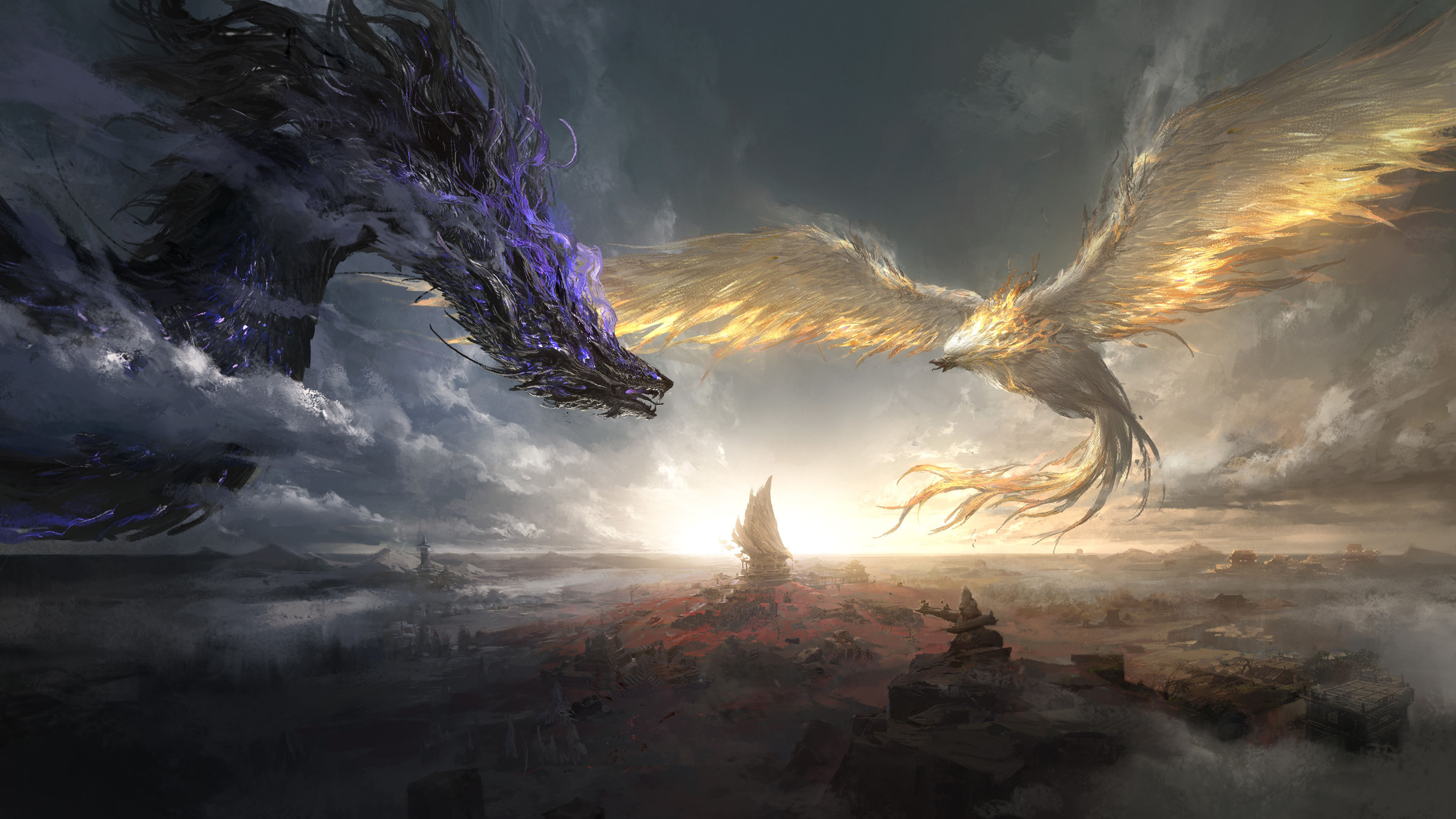 金凤凰,龙,金光,旷野