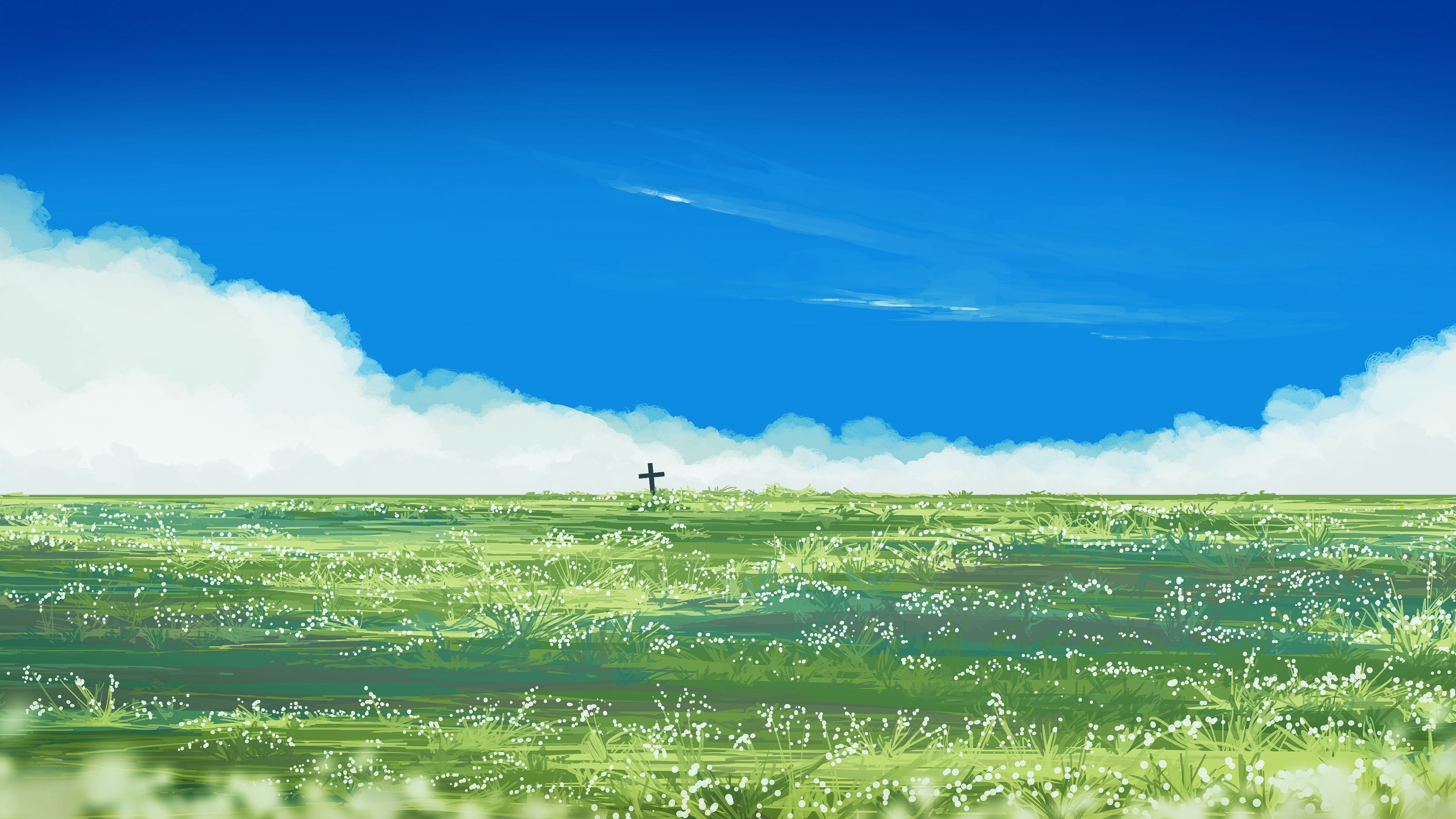 草原,十字架,白云