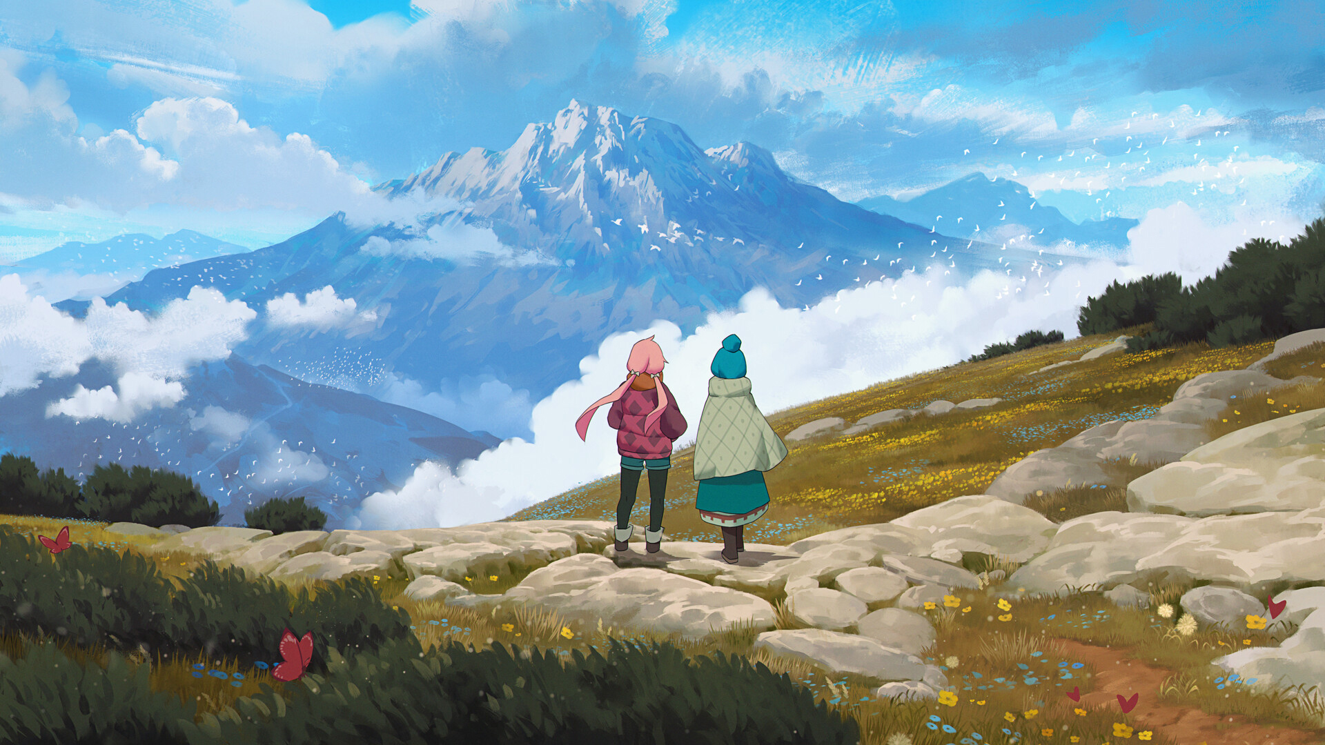 山峰,云海,大雁,花丛