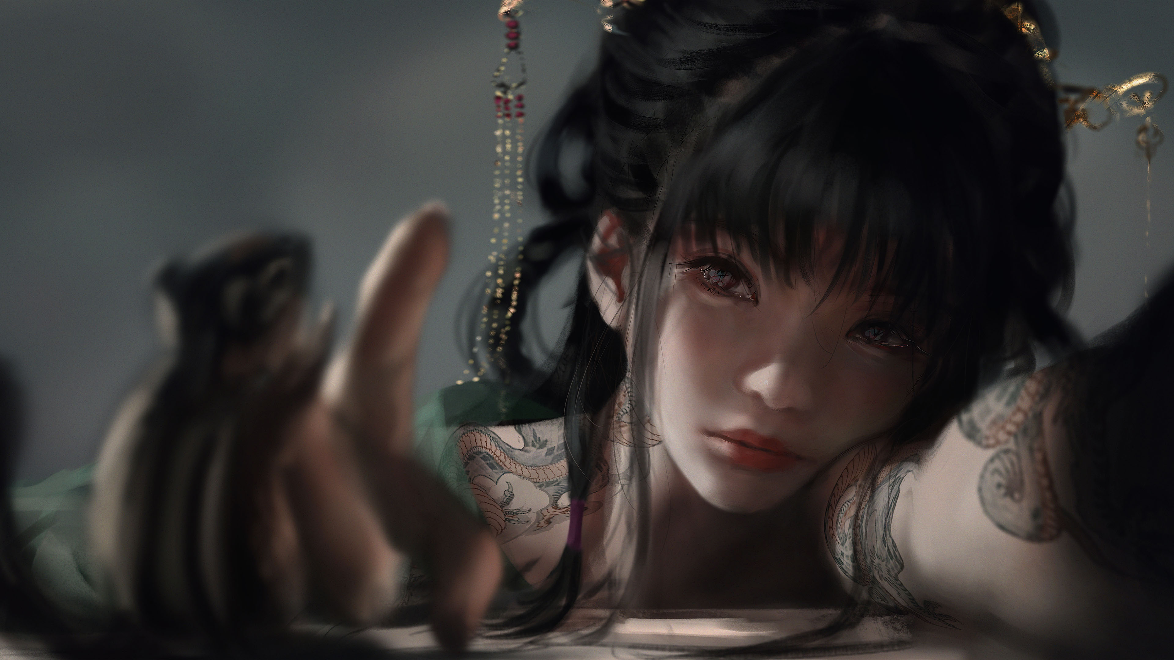 松鼠,古装女孩,发簪,纹身