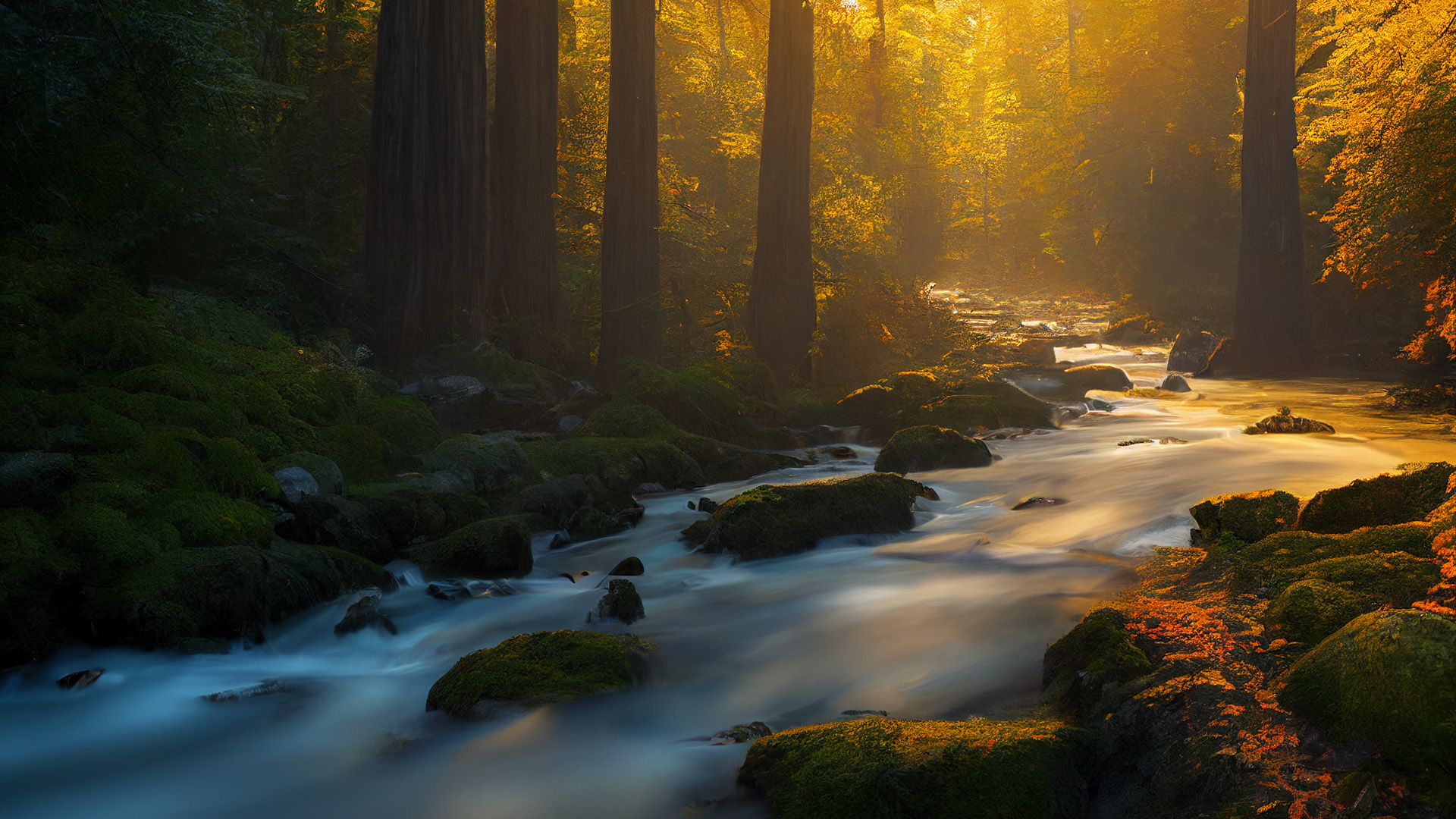 秋意正浓,树林,阳光,小溪