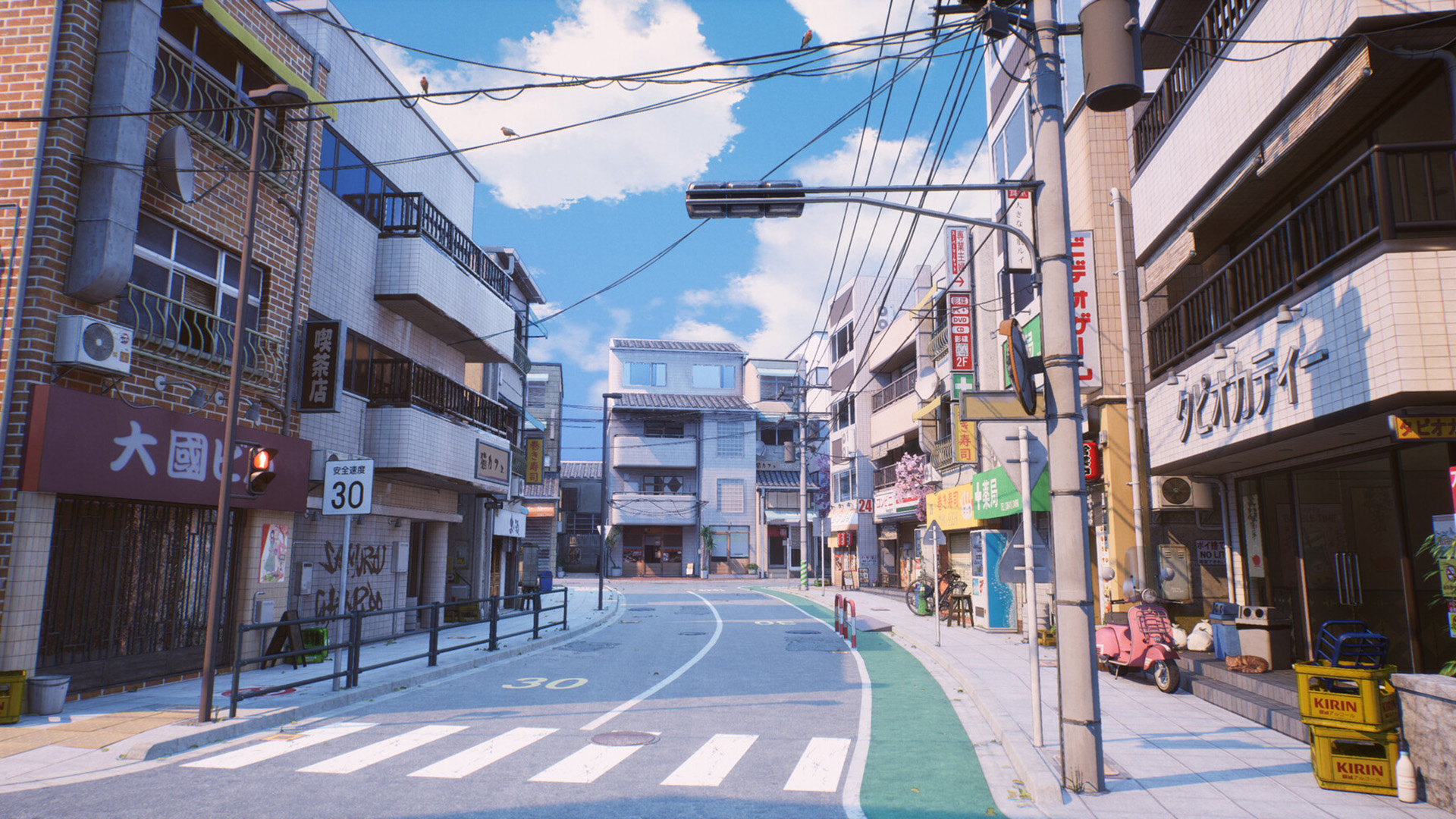 街道,斑马线,路灯,白云