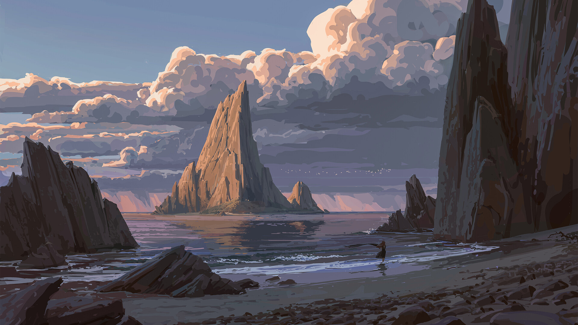 海边,礁石,云朵,沙滩